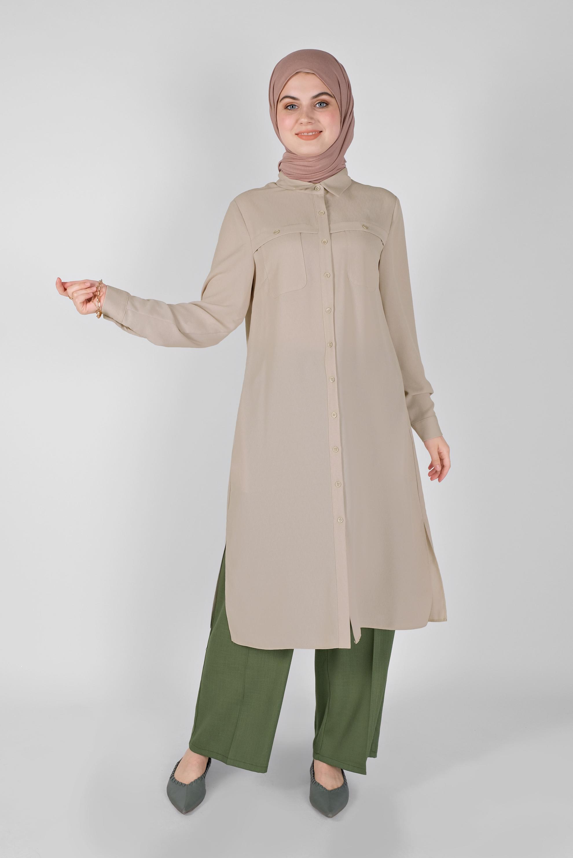 Tesettür giyim BEJ BOYDAN DÜĞMELİ CEPLİ TUNİK 41584 