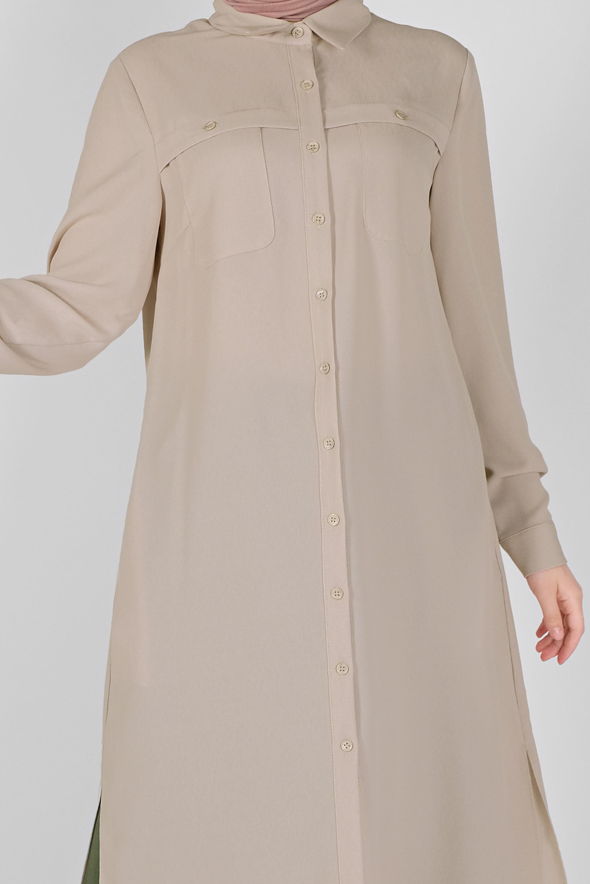 Tesettür giyim BEJ BOYDAN DÜĞMELİ CEPLİ TUNİK 41584 