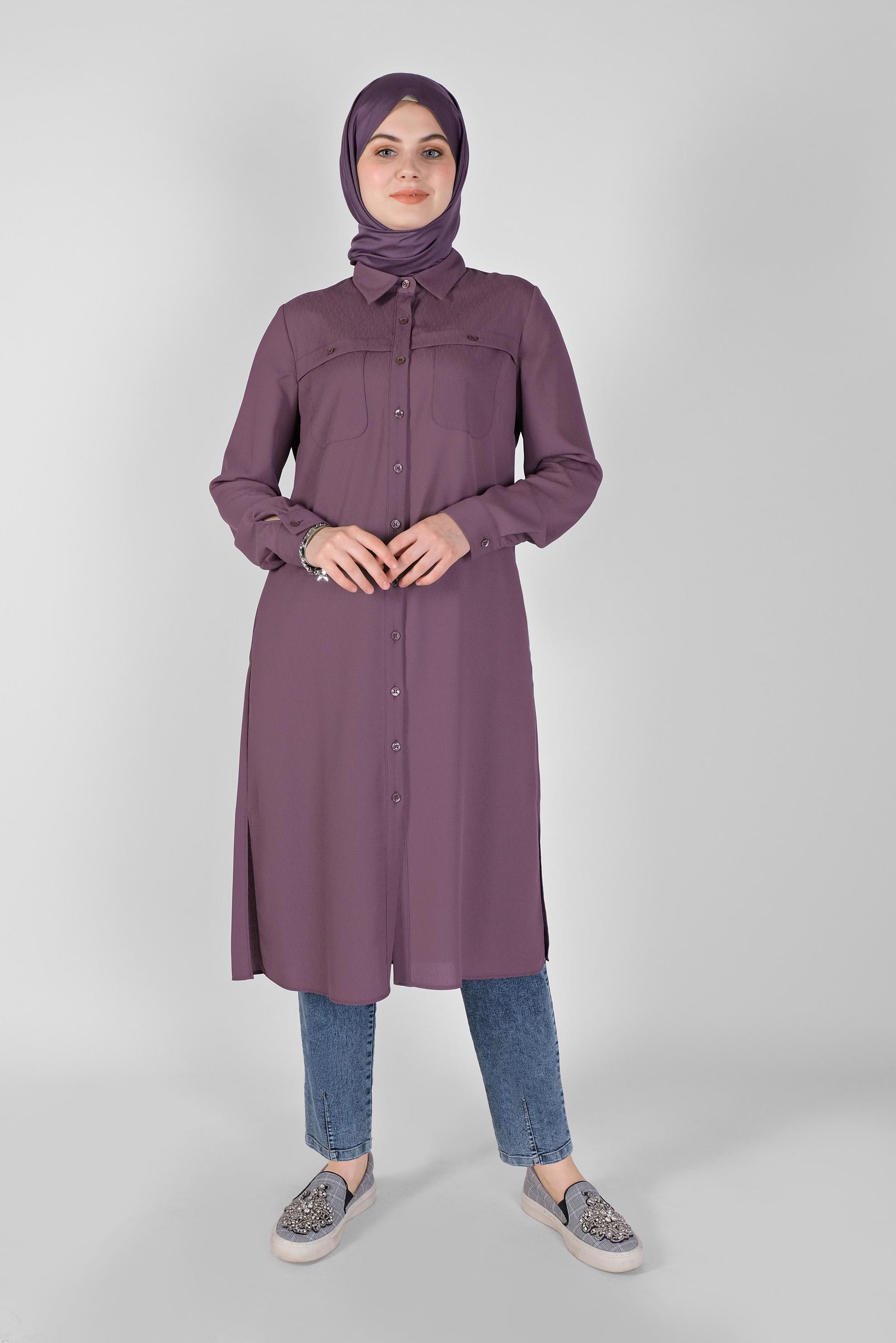 Tesettür giyim MOR BOYDAN DÜĞMELİ CEPLİ TUNİK 41584 