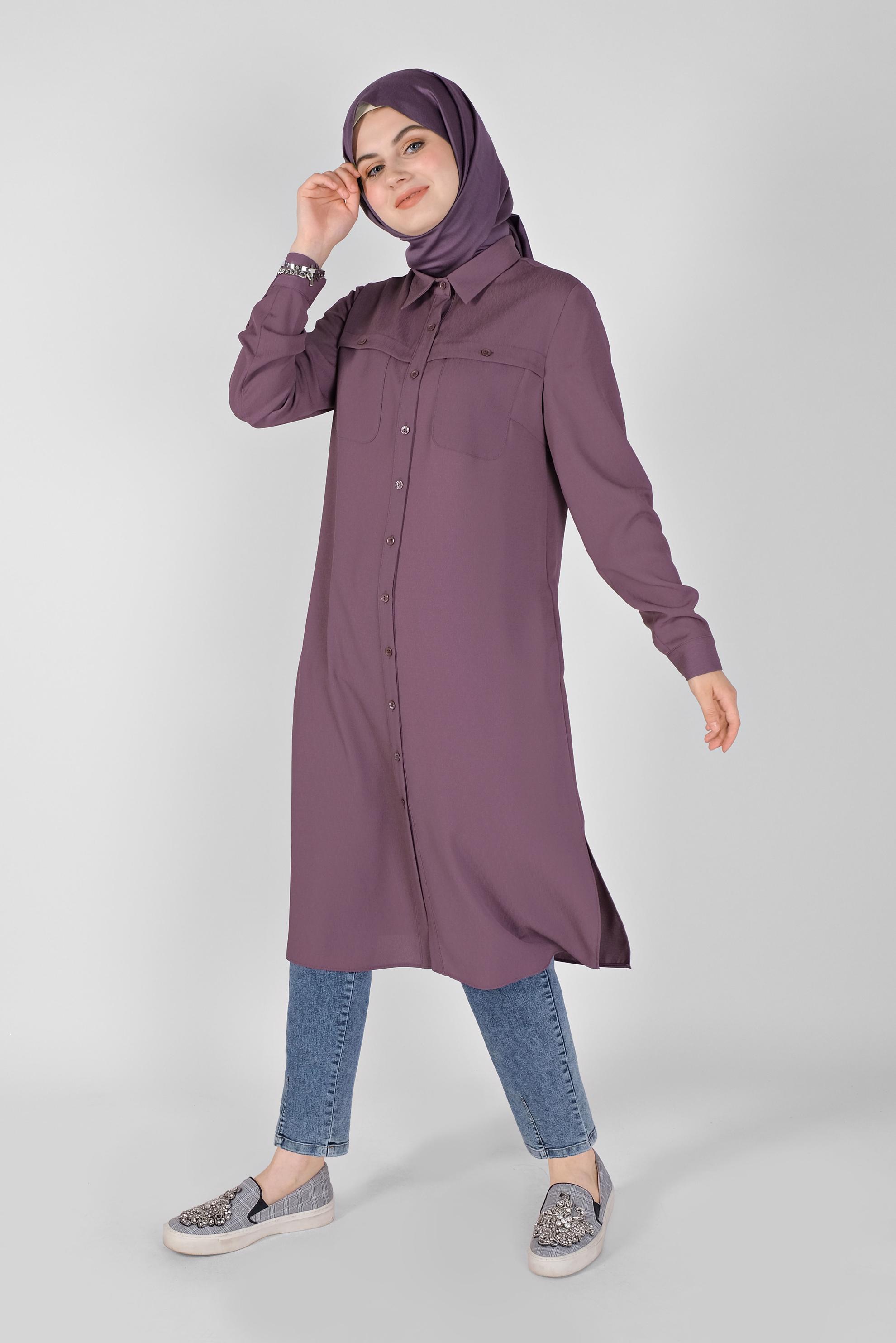 Tesettür giyim MOR BOYDAN DÜĞMELİ CEPLİ TUNİK 41584 