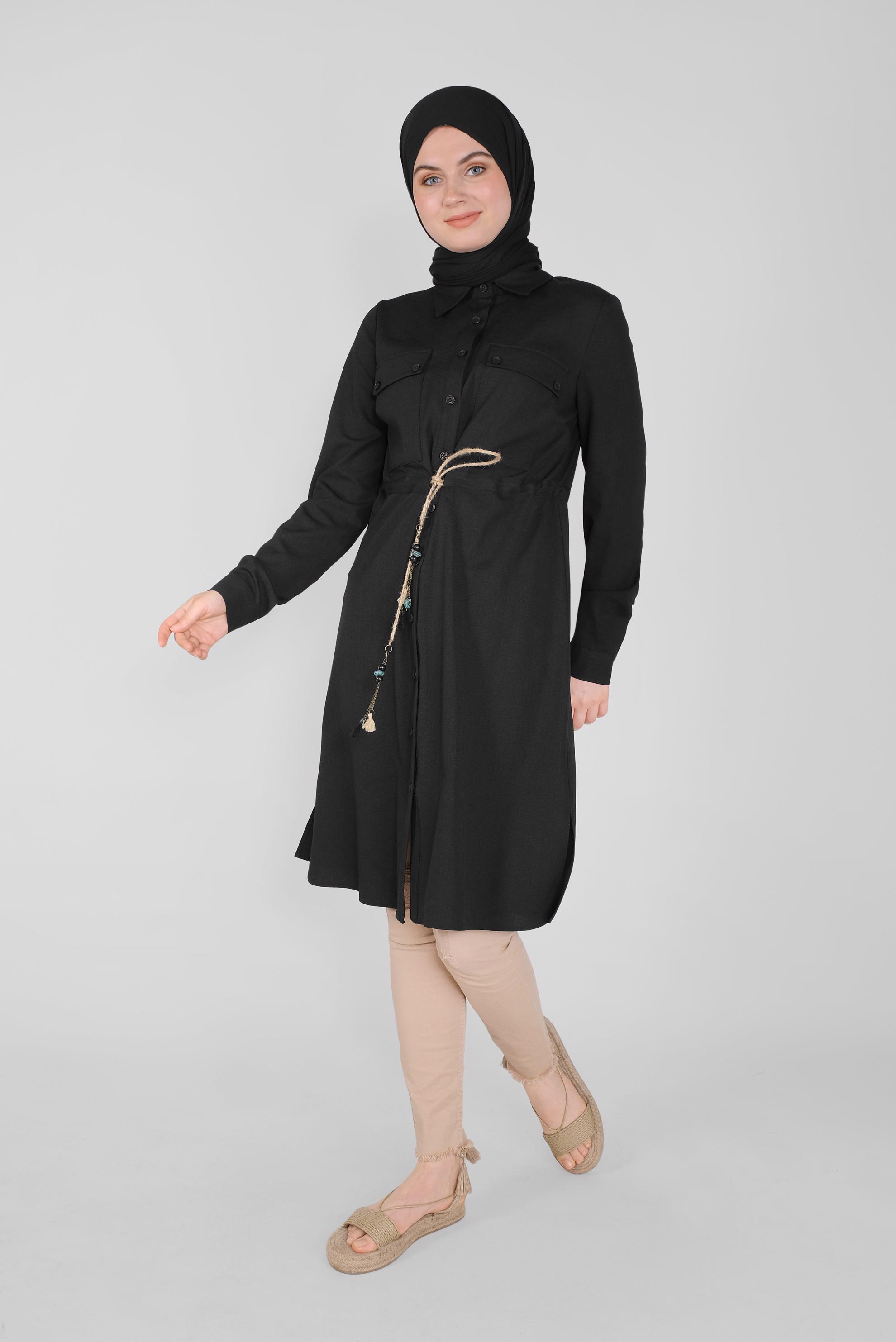 Tesettür giyim SİYAH BOYDAN DÜĞMELİ HASIR BAĞCIKLI  TUNİK 41585 