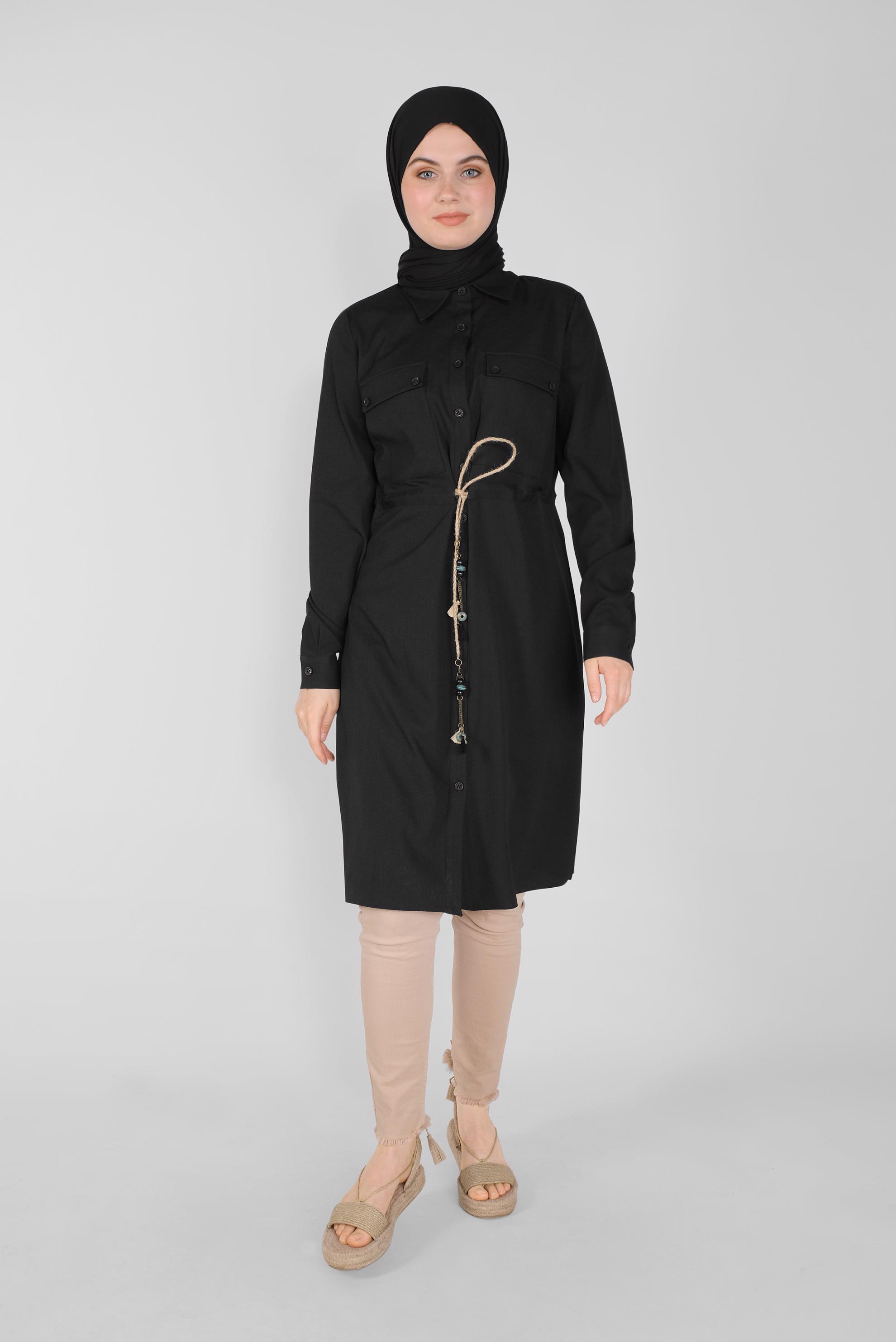 Tesettür giyim SİYAH BOYDAN DÜĞMELİ HASIR BAĞCIKLI  TUNİK 41585 