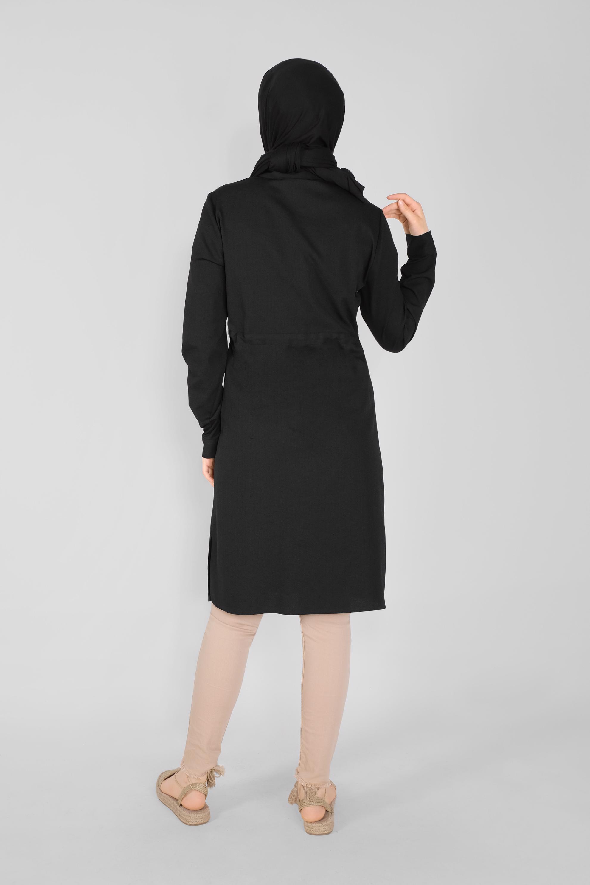 Tesettür giyim SİYAH BOYDAN DÜĞMELİ HASIR BAĞCIKLI  TUNİK 41585 