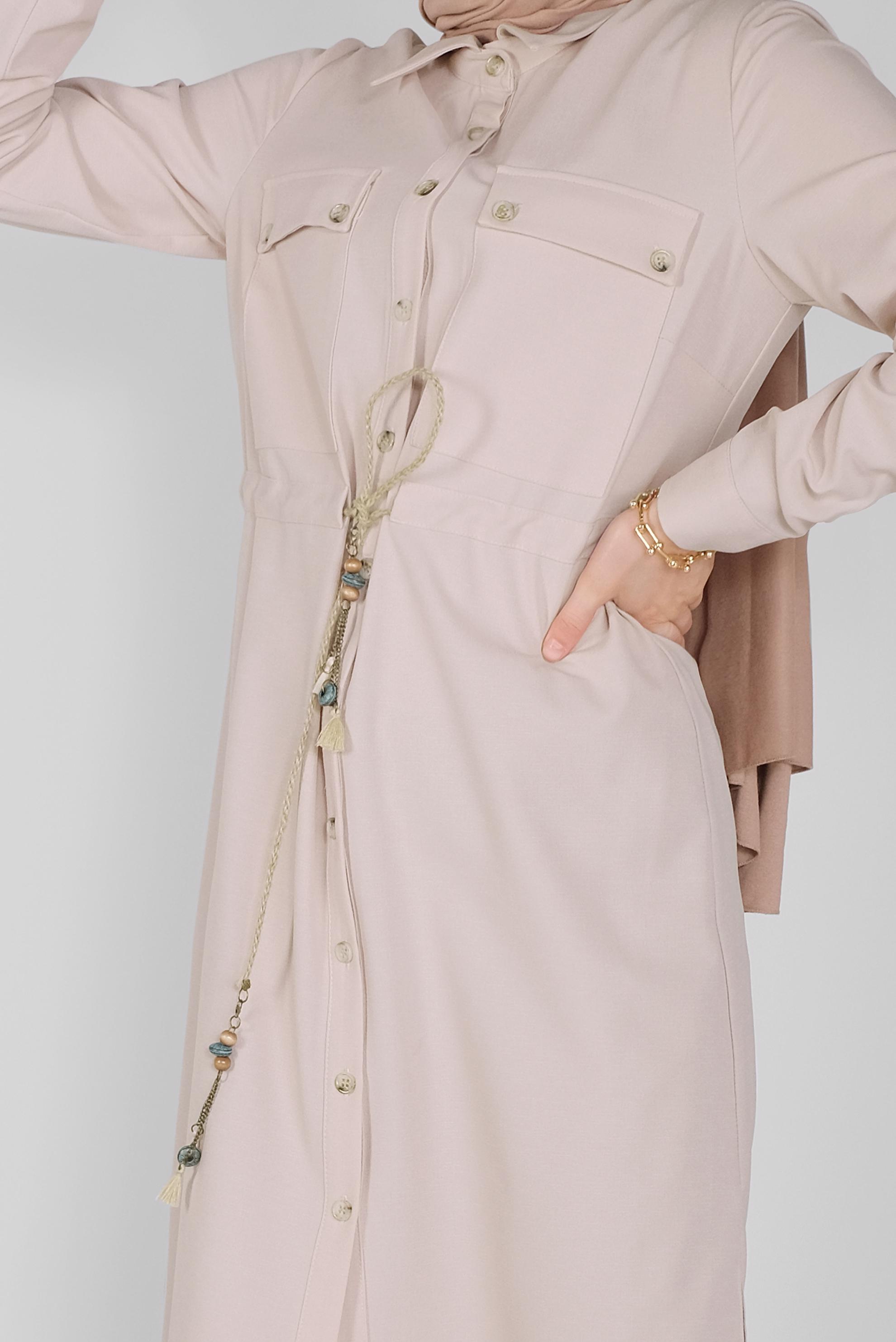 Tesettür giyim BEJ BOYDAN DÜĞMELİ HASIR BAĞCIKLI  TUNİK 41585 