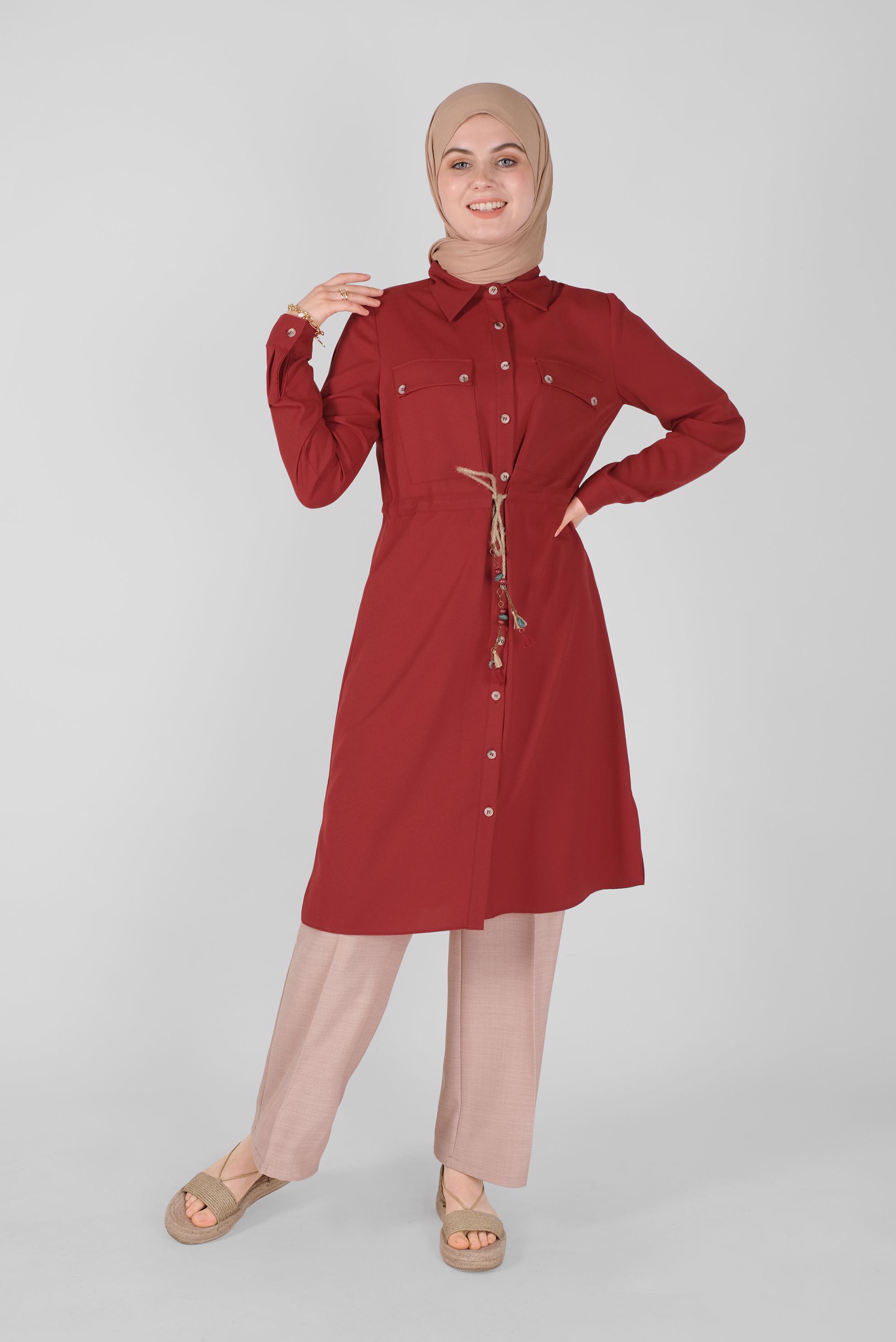 Tesettür giyim BORDO BOYDAN DÜĞMELİ HASIR BAĞCIKLI  TUNİK 41585 