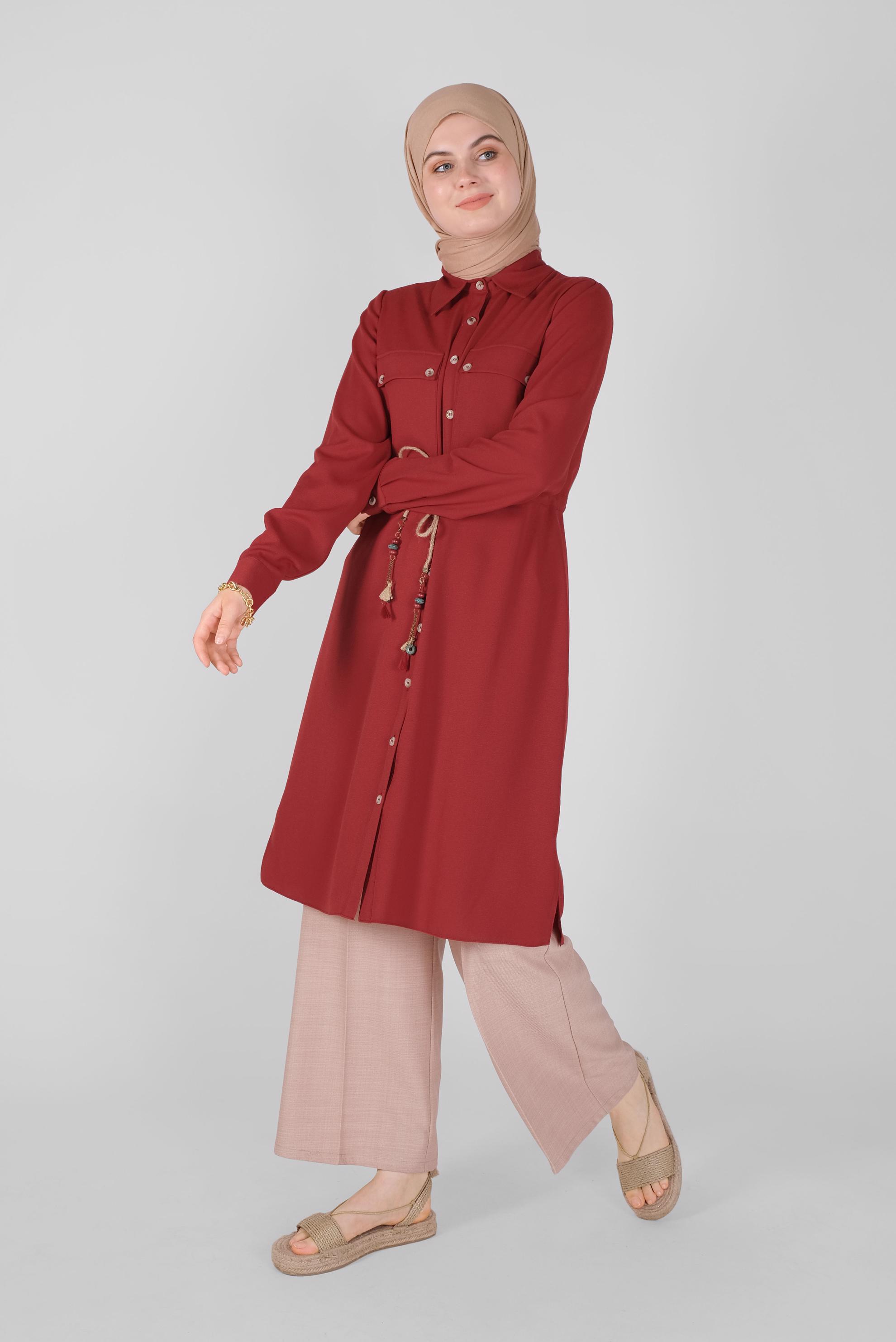 Tesettür giyim BORDO BOYDAN DÜĞMELİ HASIR BAĞCIKLI  TUNİK 41585 