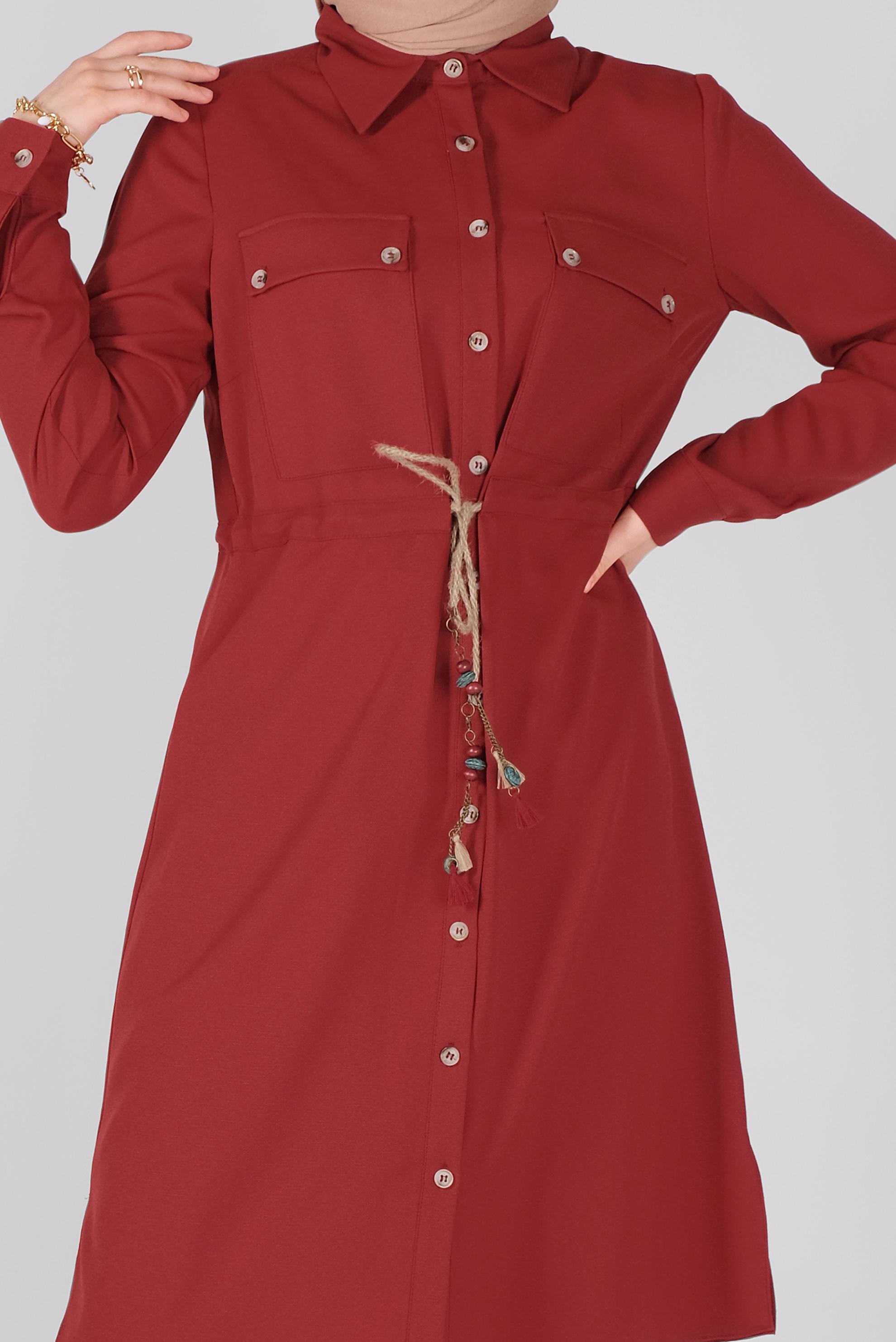 Tesettür giyim BORDO BOYDAN DÜĞMELİ HASIR BAĞCIKLI  TUNİK 41585 