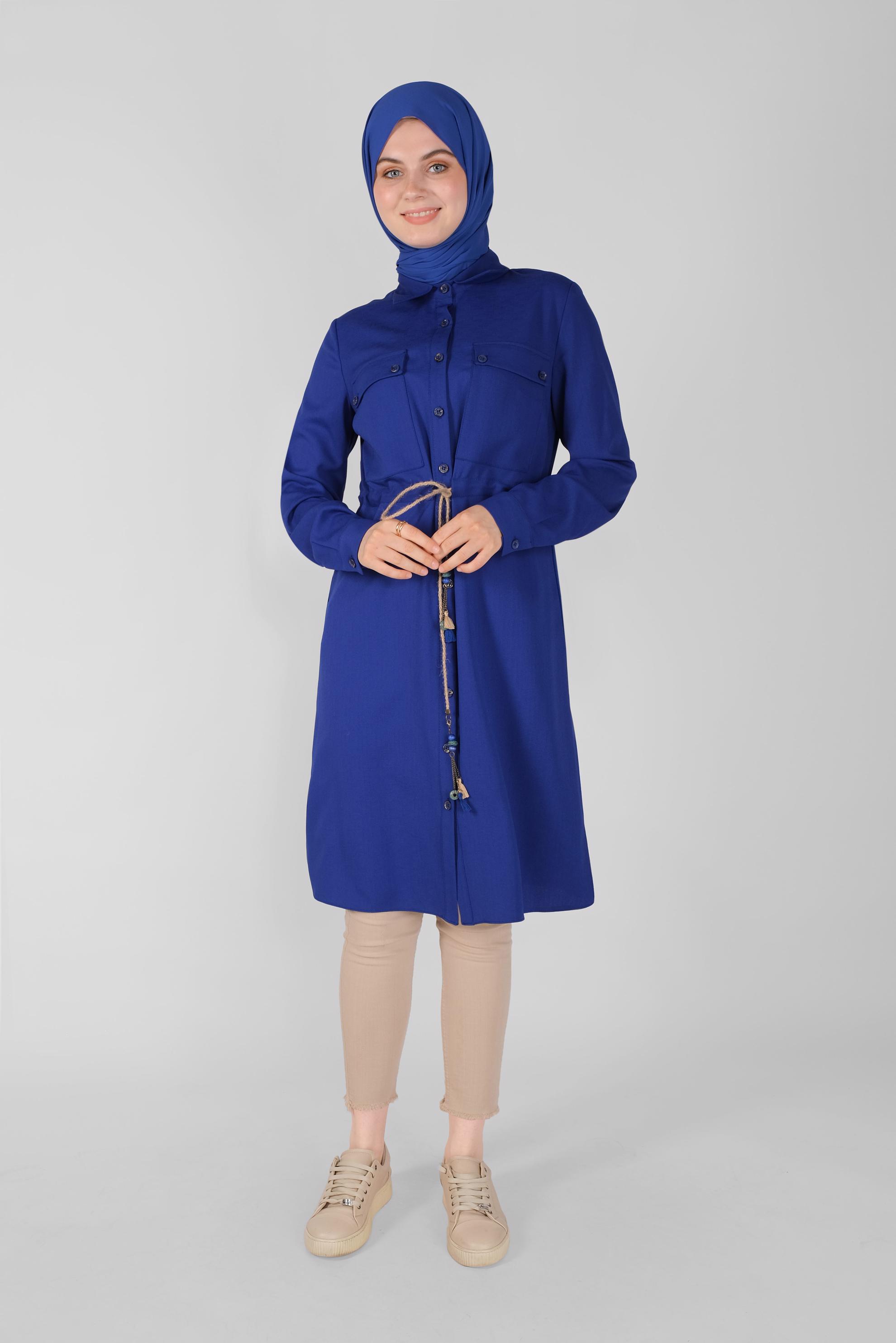 Tesettür giyim LACİVERT BOYDAN DÜĞMELİ HASIR BAĞCIKLI  TUNİK 41585 