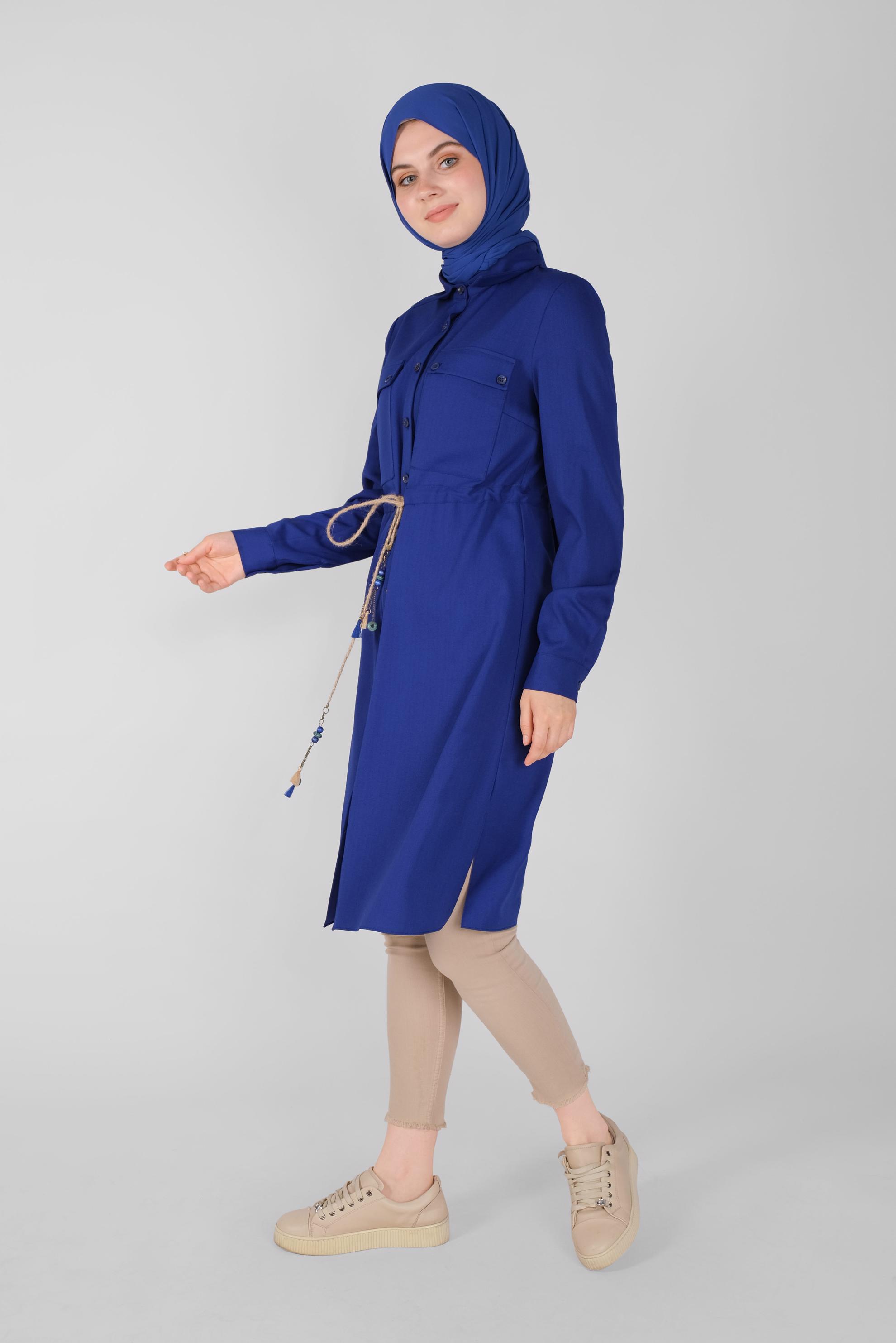 Tesettür giyim LACİVERT BOYDAN DÜĞMELİ HASIR BAĞCIKLI  TUNİK 41585 