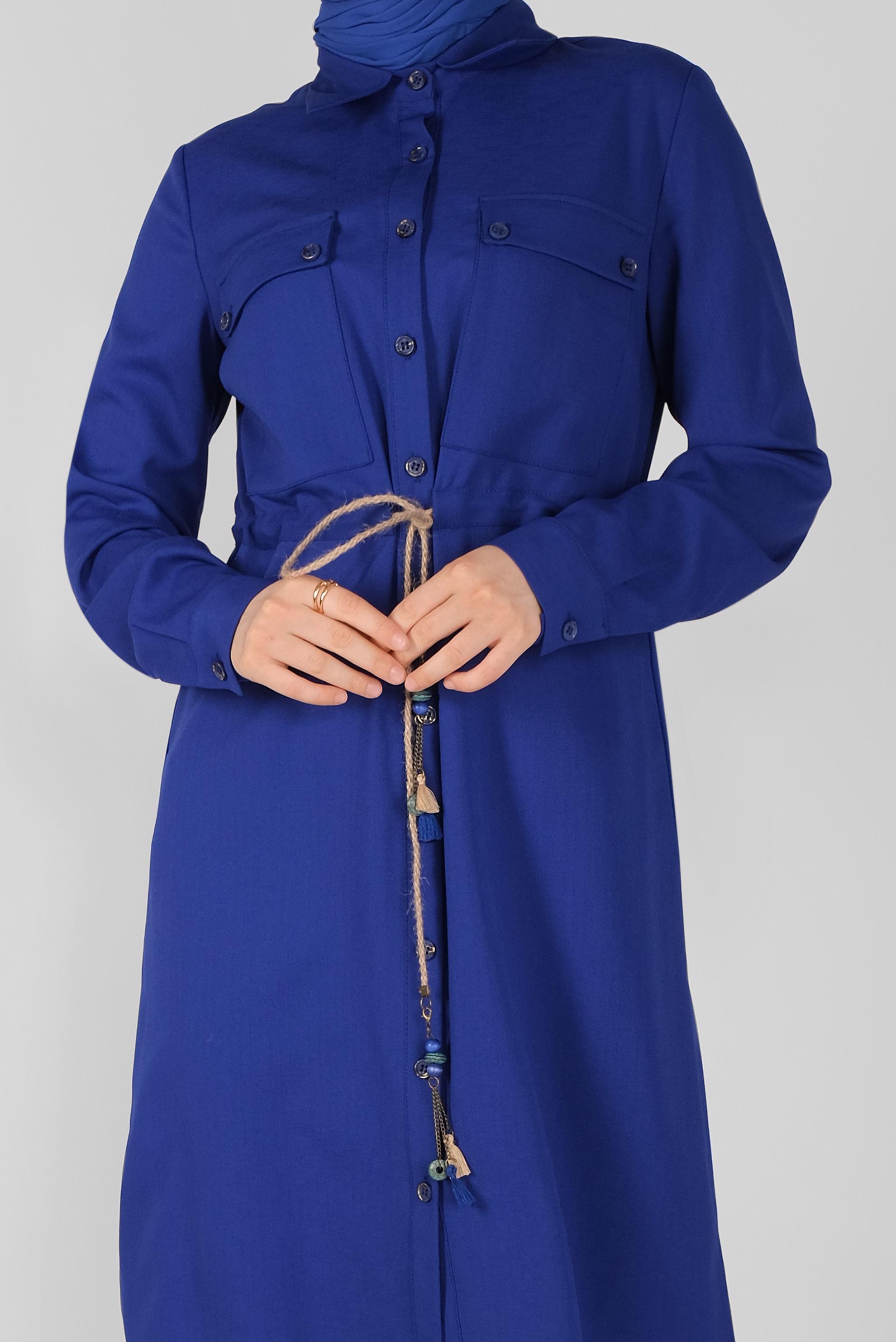 Tesettür giyim LACİVERT BOYDAN DÜĞMELİ HASIR BAĞCIKLI  TUNİK 41585 