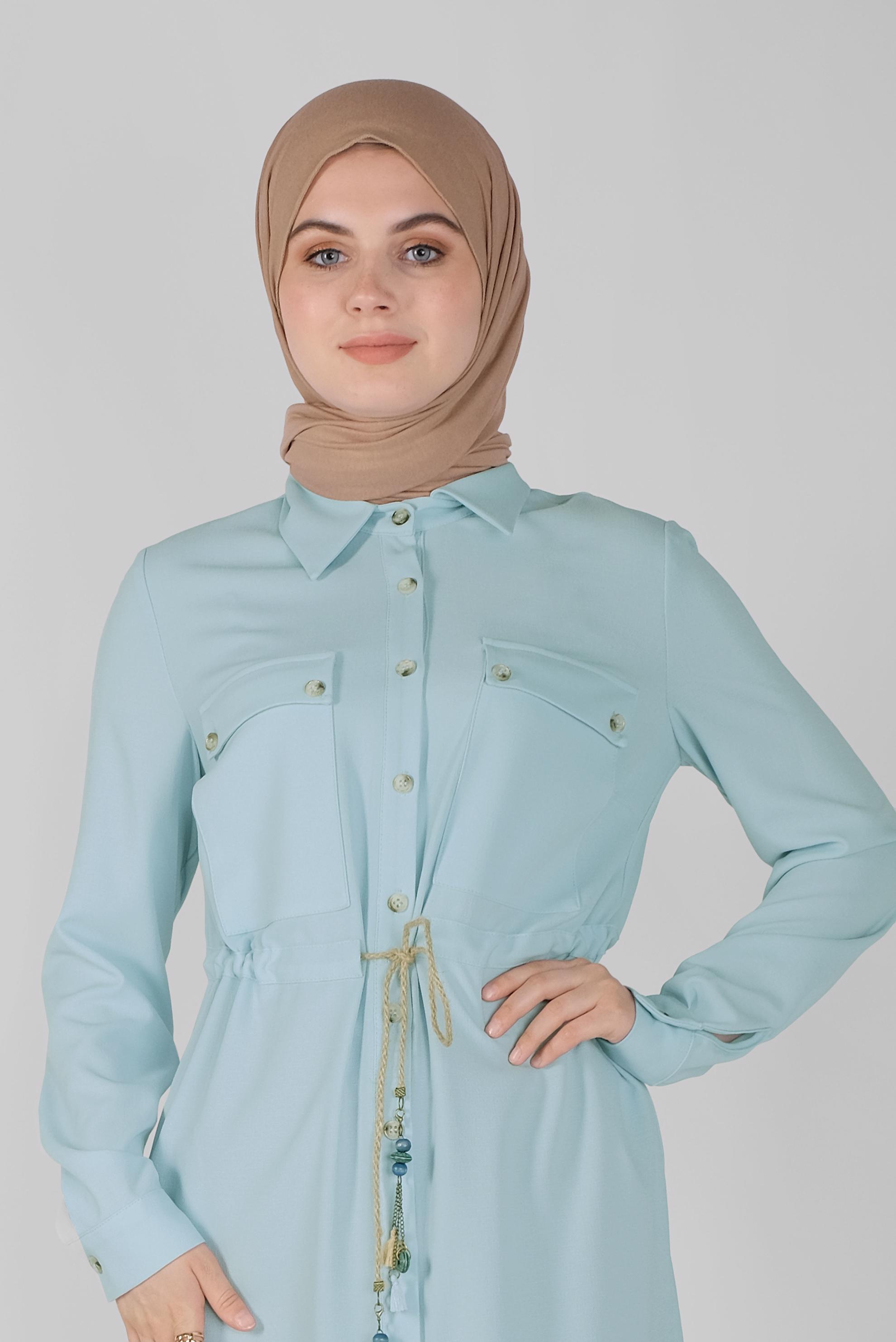 Tesettür giyim MAVİ BOYDAN DÜĞMELİ HASIR BAĞCIKLI  TUNİK 41585 