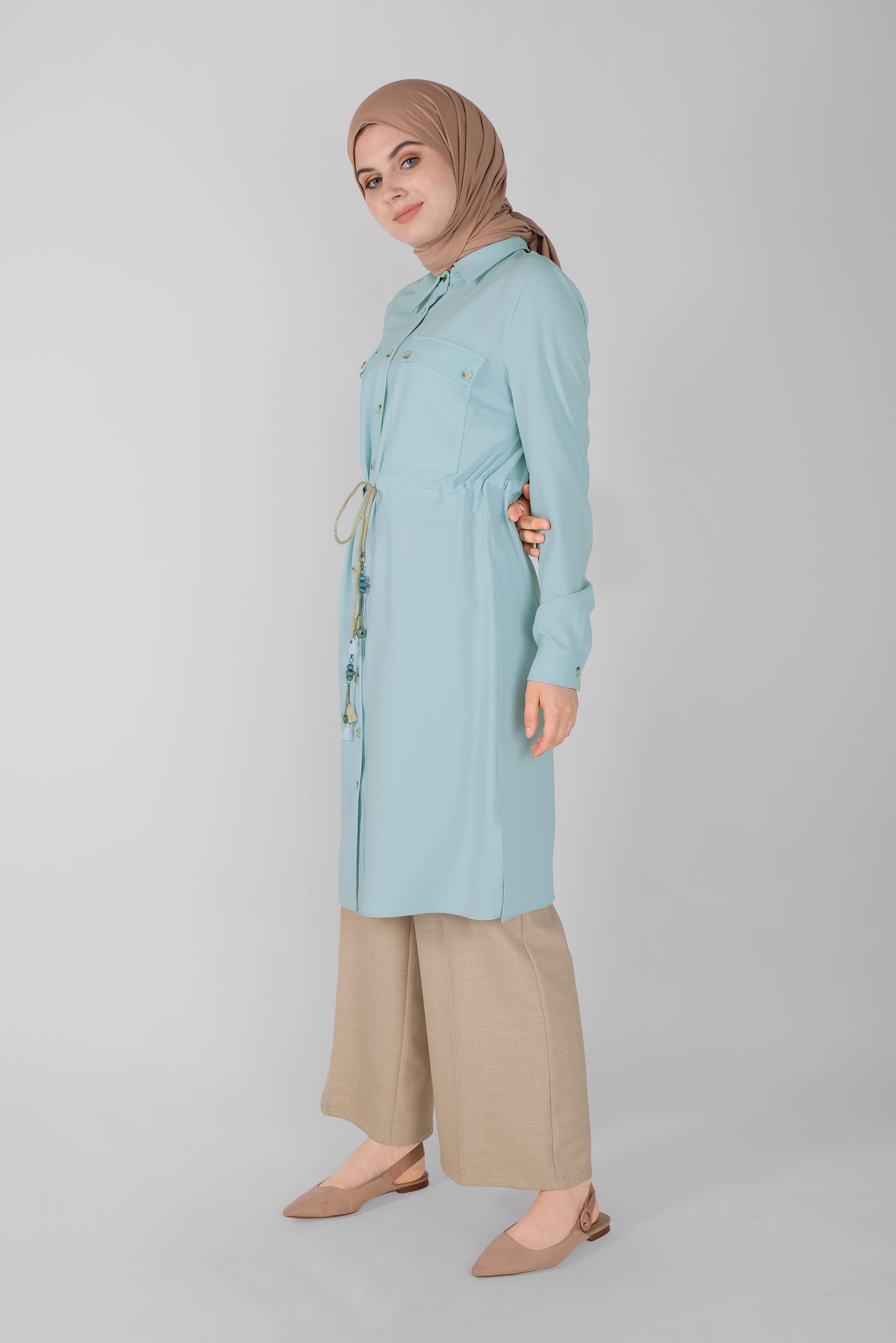 Tesettür giyim MAVİ BOYDAN DÜĞMELİ HASIR BAĞCIKLI  TUNİK 41585 