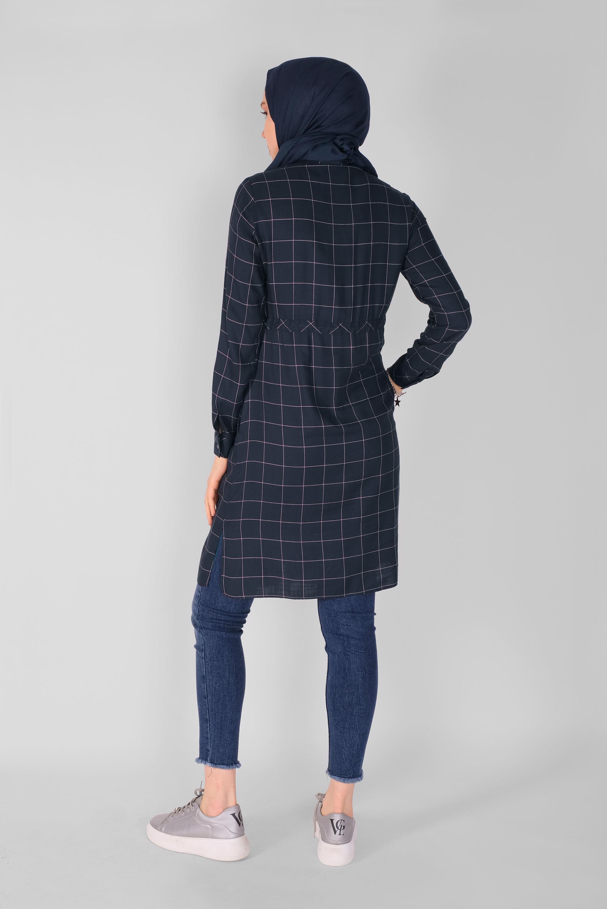 Tesettür giyim LACİVERT BELİ BAĞCIKLI KARELİ TUNİK 41586 