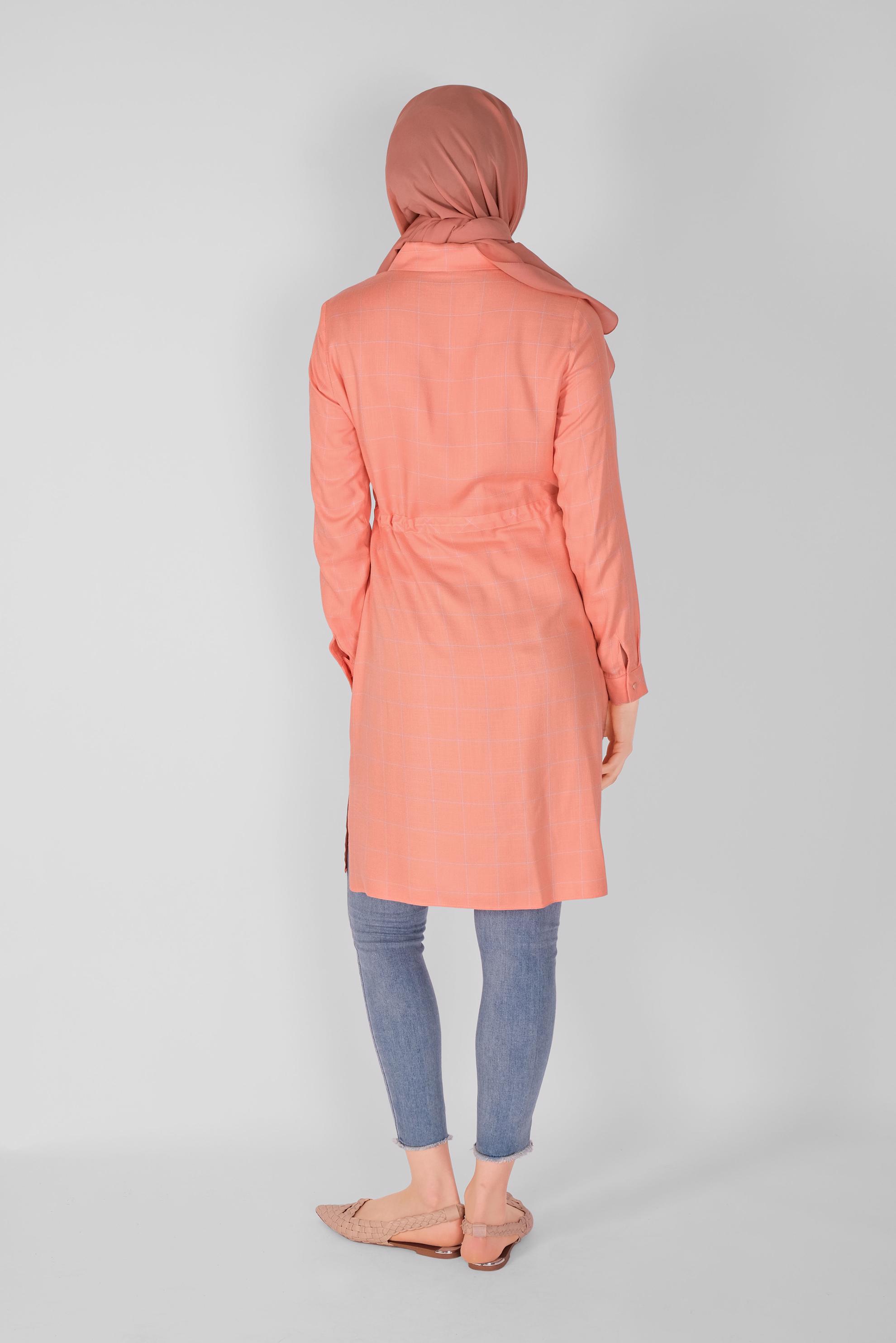 Tesettür giyim MERCAN BELİ BAĞCIKLI KARELİ TUNİK 41586 