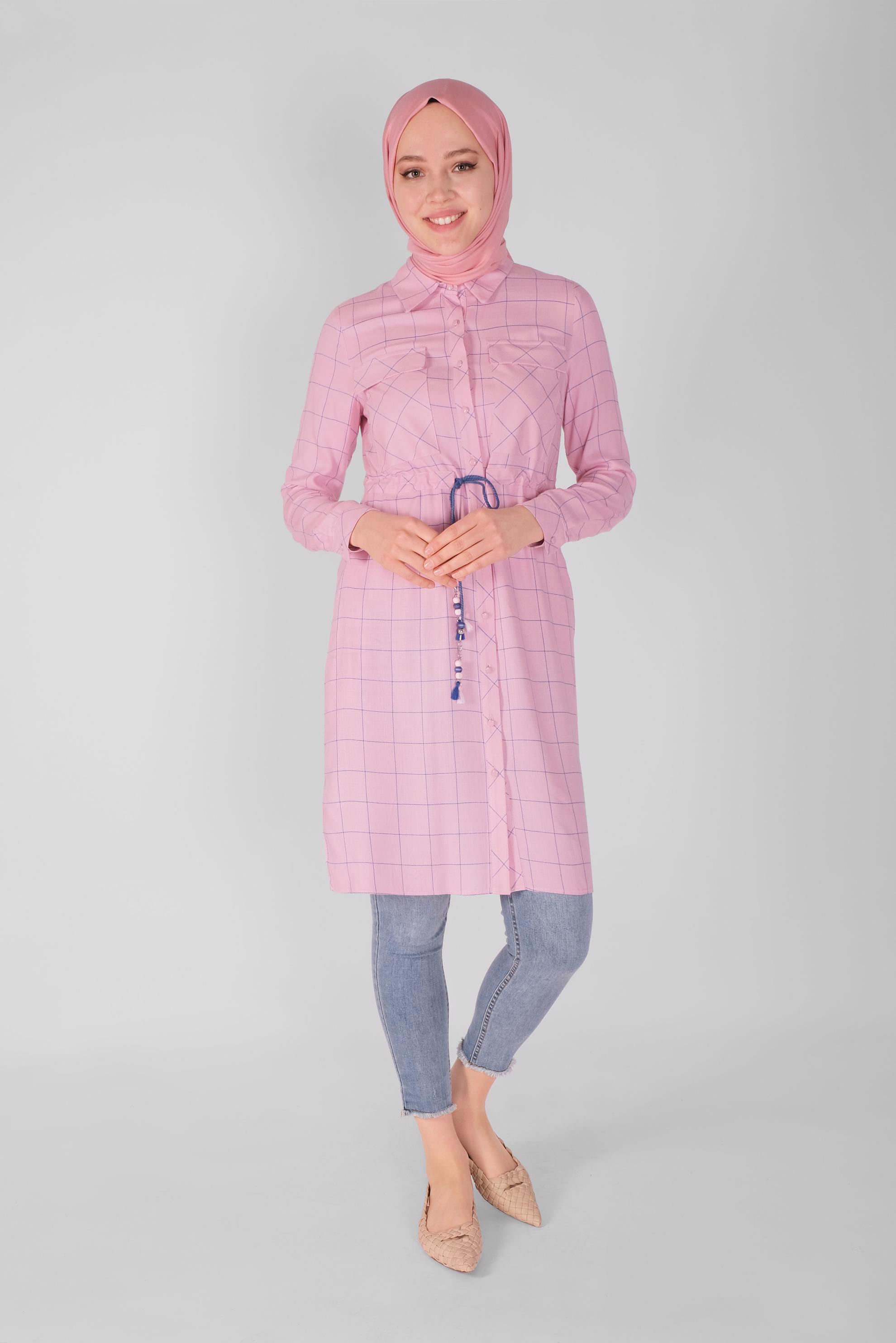 Tesettür giyim PEMBE BELİ BAĞCIKLI KARELİ TUNİK 41586 