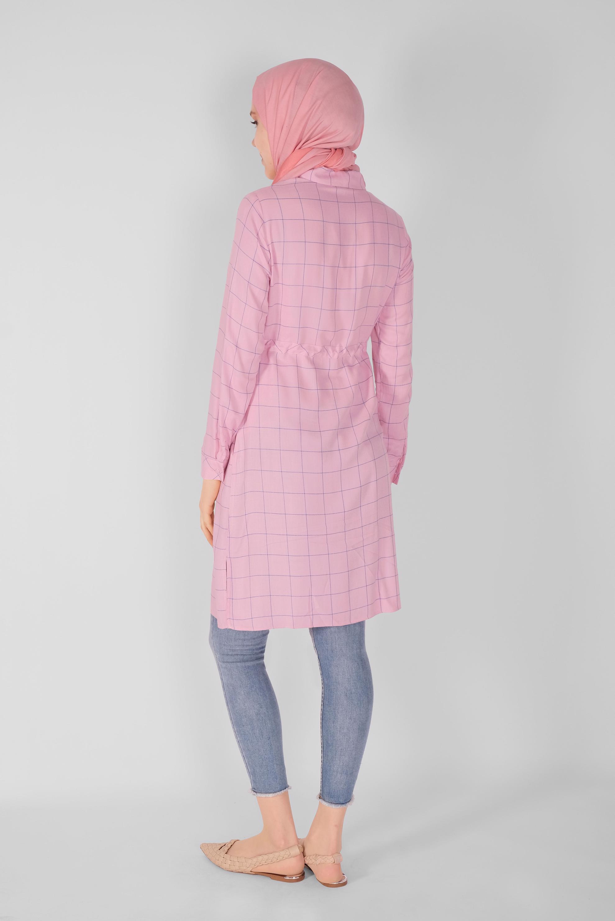 Tesettür giyim PEMBE BELİ BAĞCIKLI KARELİ TUNİK 41586 