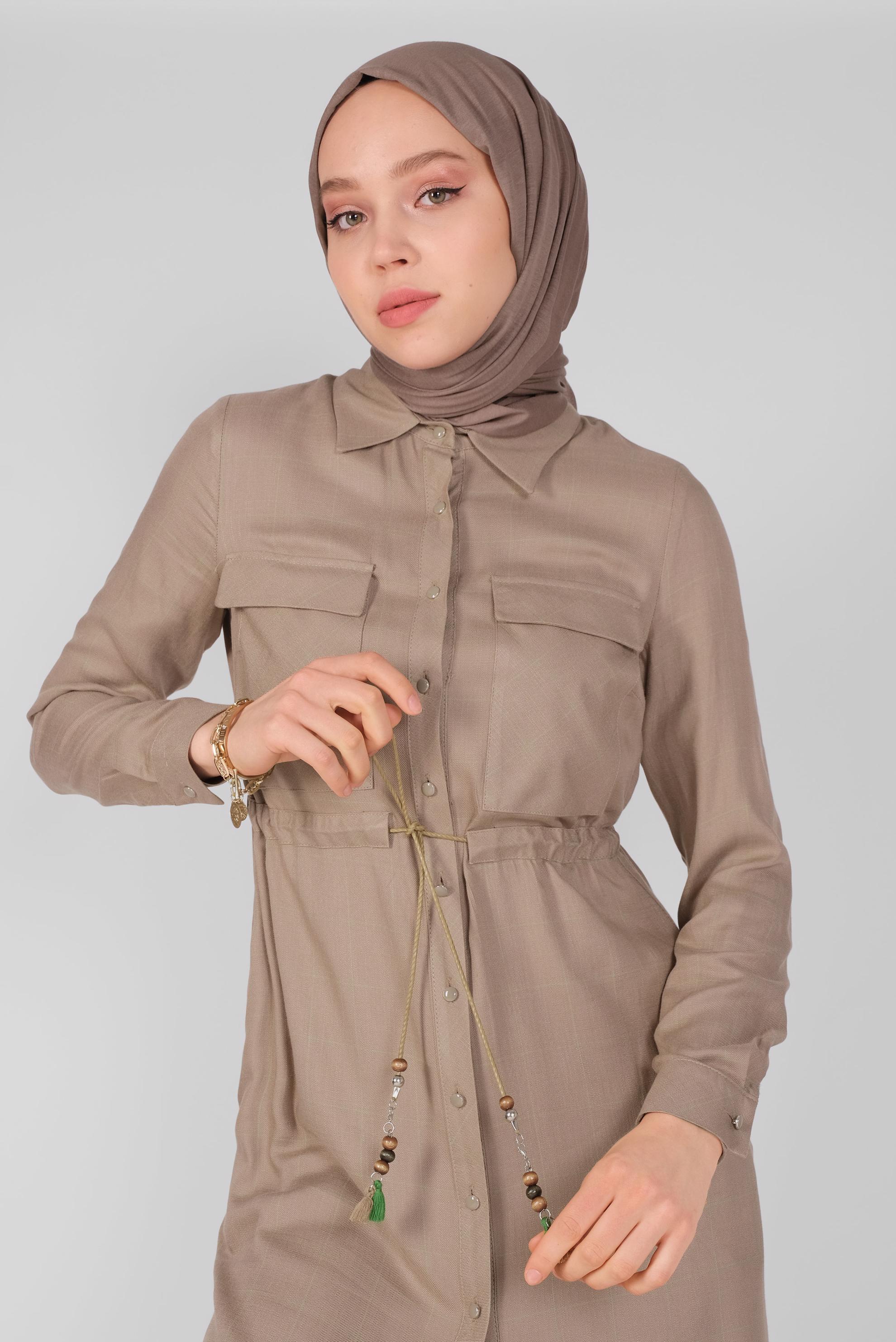 Tesettür giyim VİZON BELİ BAĞCIKLI KARELİ TUNİK 41586 