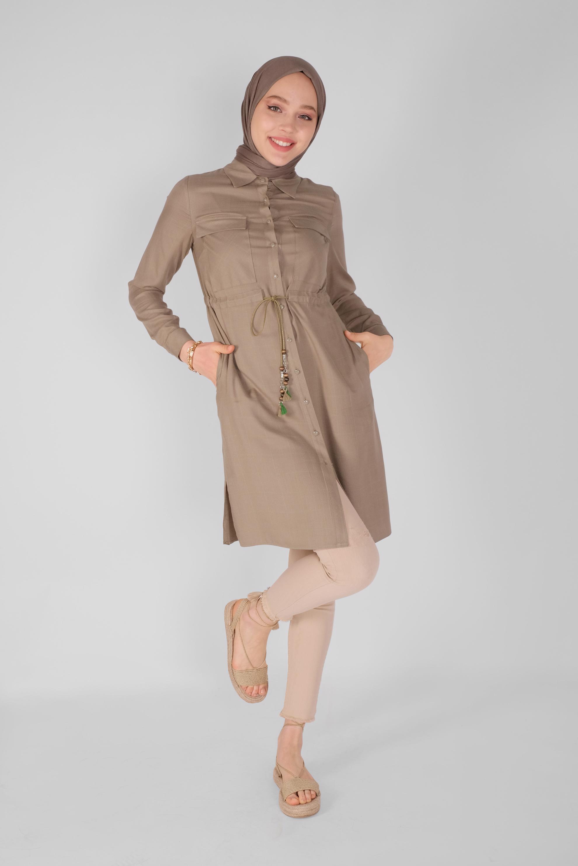 Tesettür giyim VİZON BELİ BAĞCIKLI KARELİ TUNİK 41586 