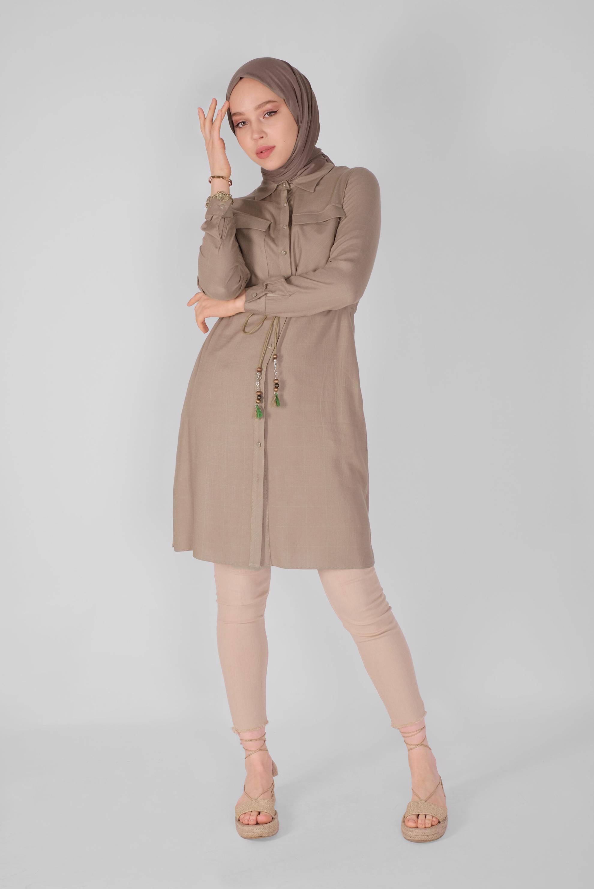 Tesettür giyim VİZON BELİ BAĞCIKLI KARELİ TUNİK 41586 