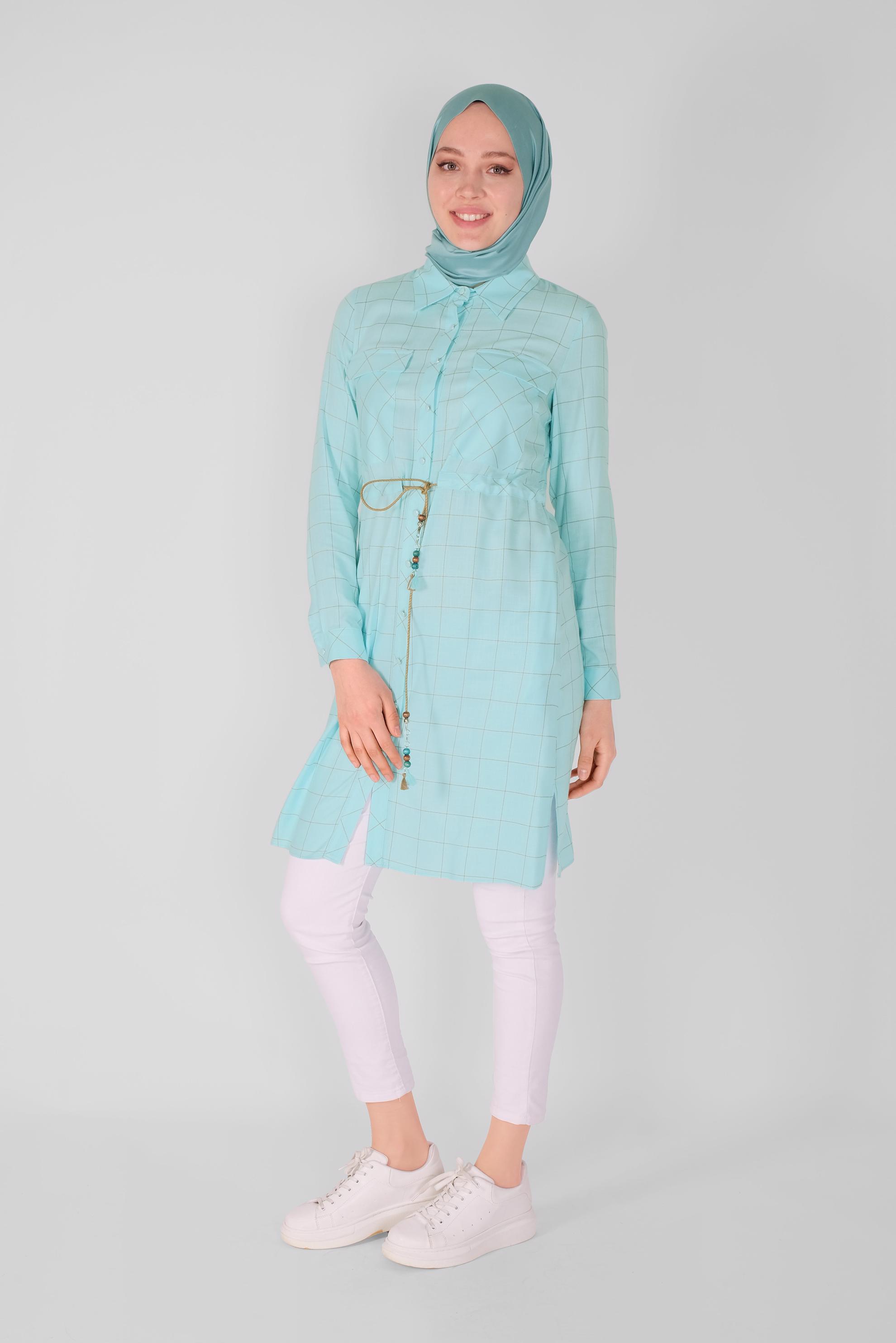 Tesettür giyim MAVİ BELİ BAĞCIKLI KARELİ TUNİK 41586 