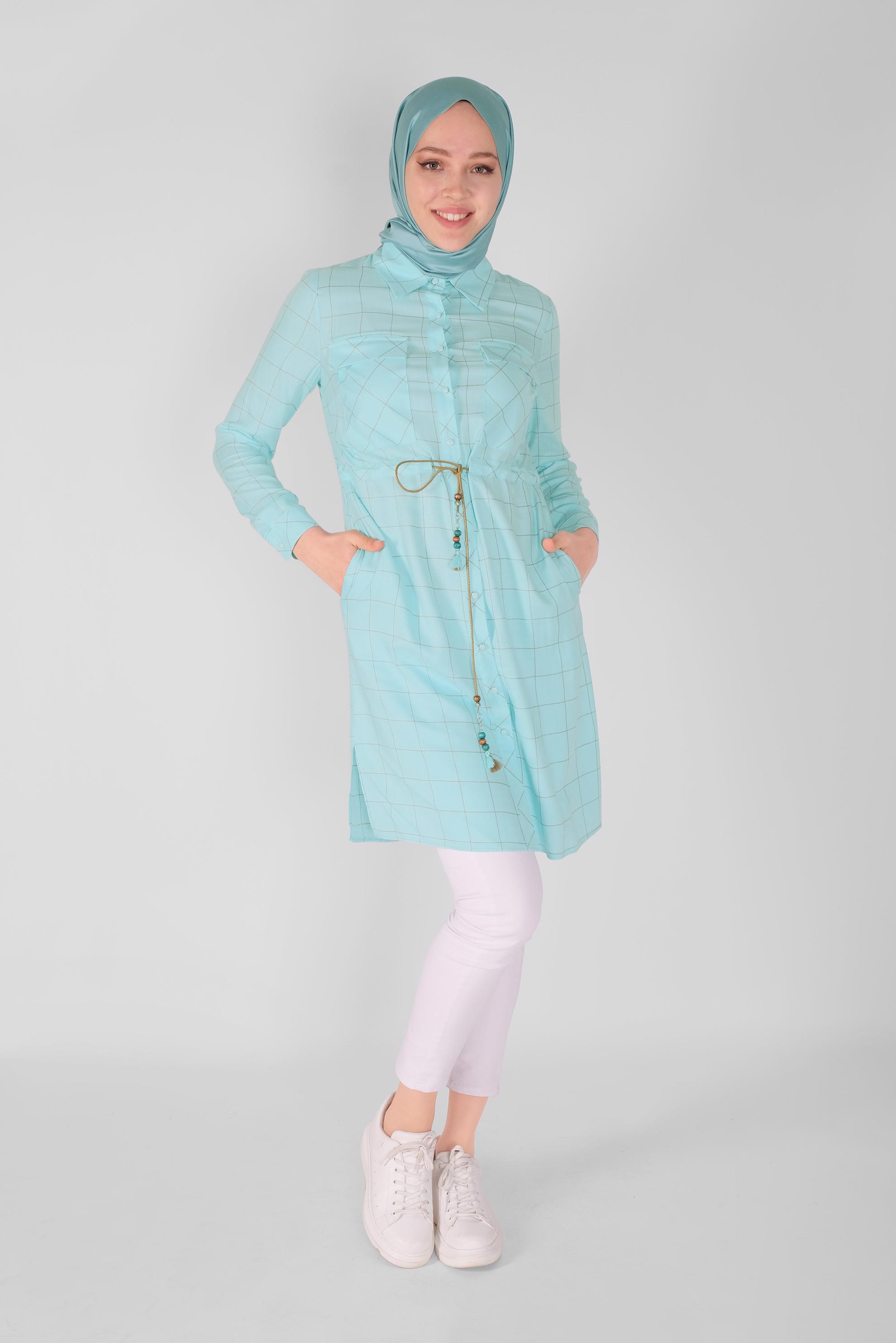 Tesettür giyim MAVİ BELİ BAĞCIKLI KARELİ TUNİK 41586 