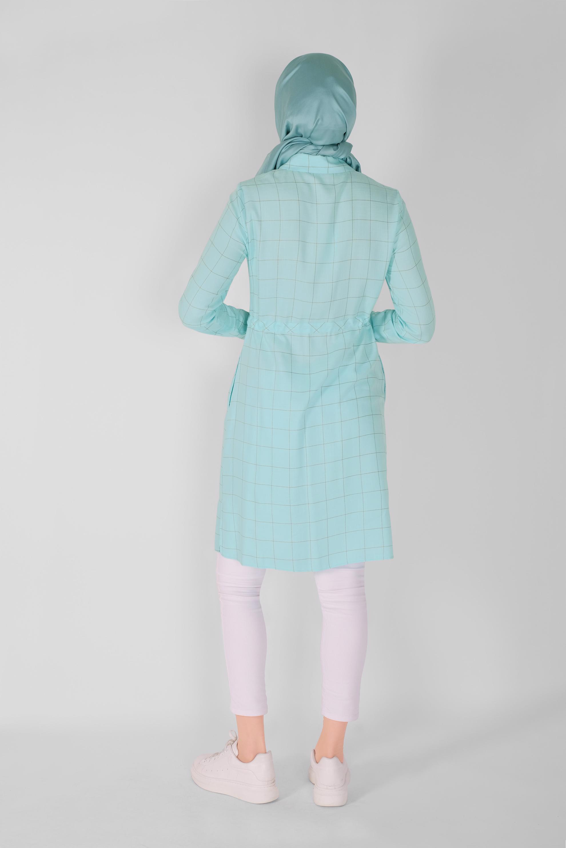 Tesettür giyim MAVİ BELİ BAĞCIKLI KARELİ TUNİK 41586 