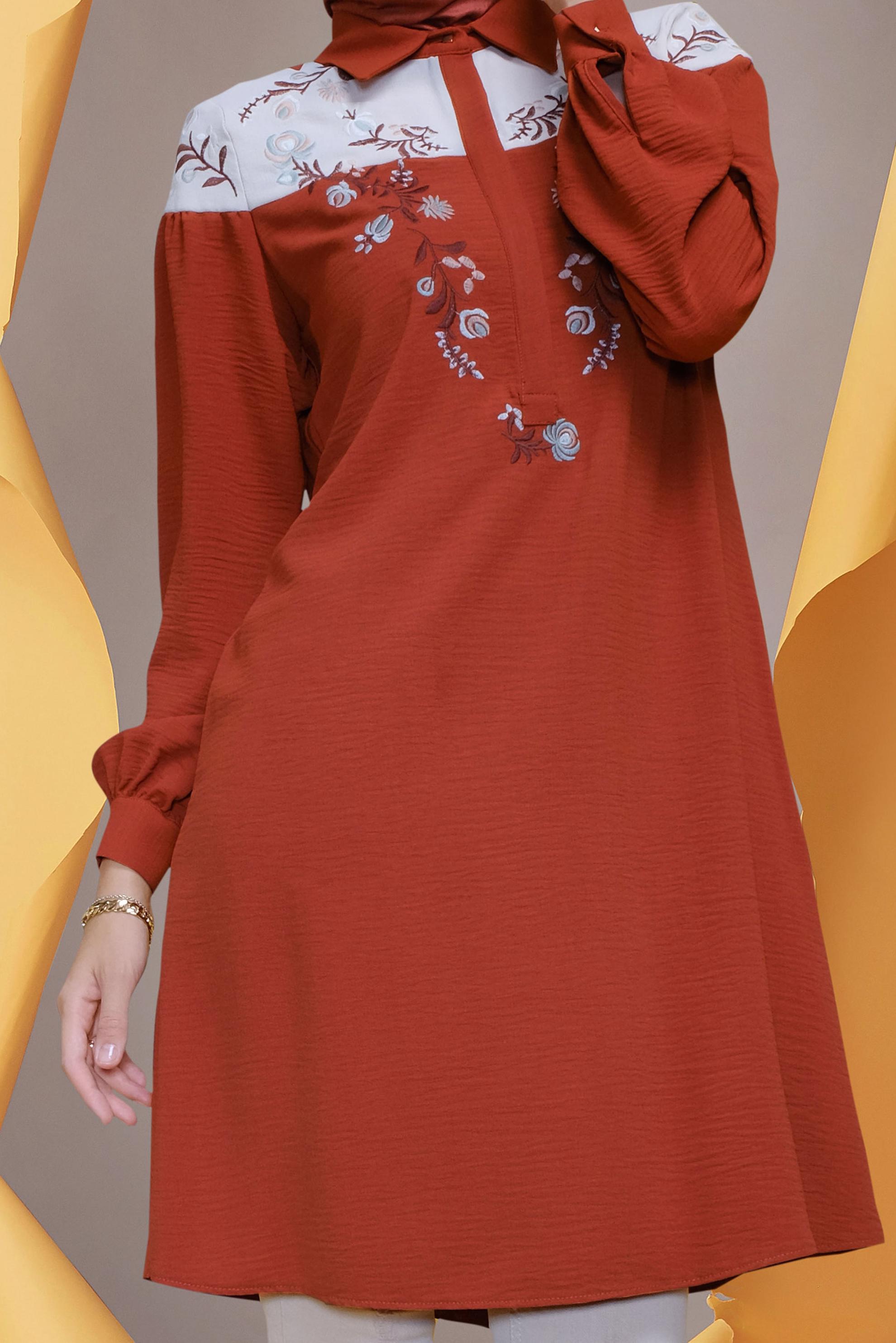 Tesettür giyim TURUNCU NAKIŞ İŞLEMELİ TUNİK 41597