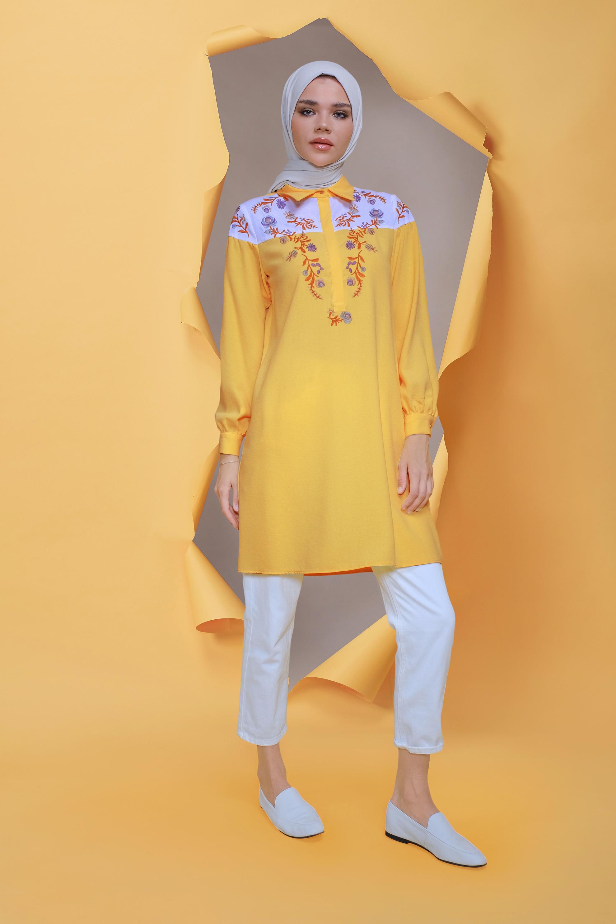 Tesettür giyim SARI NAKIŞ İŞLEMELİ TUNİK 41597