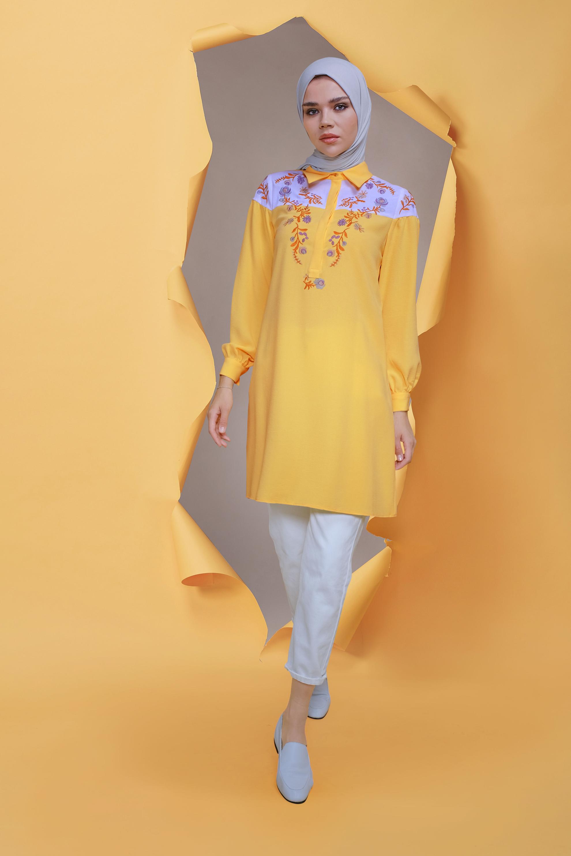 Tesettür giyim SARI NAKIŞ İŞLEMELİ TUNİK 41597