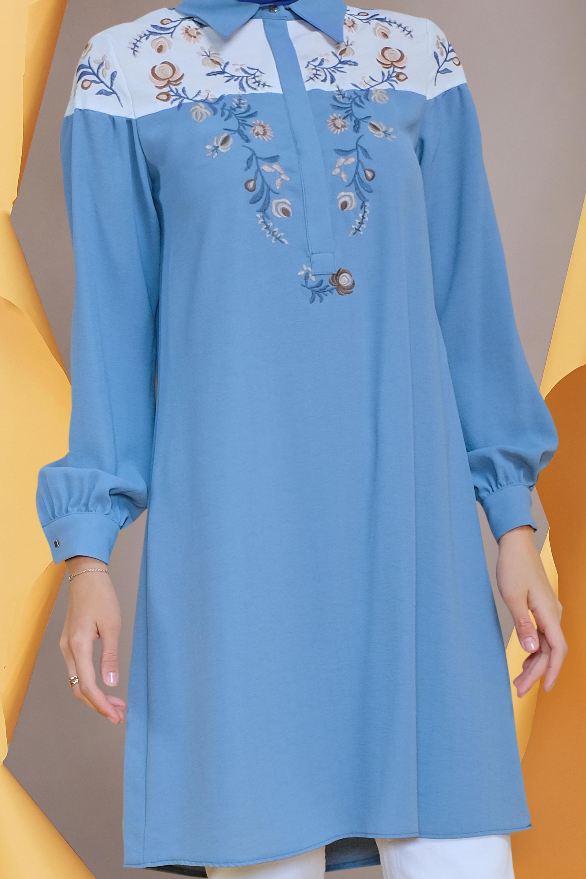 Tesettür giyim MAVİ NAKIŞ İŞLEMELİ TUNİK 41597