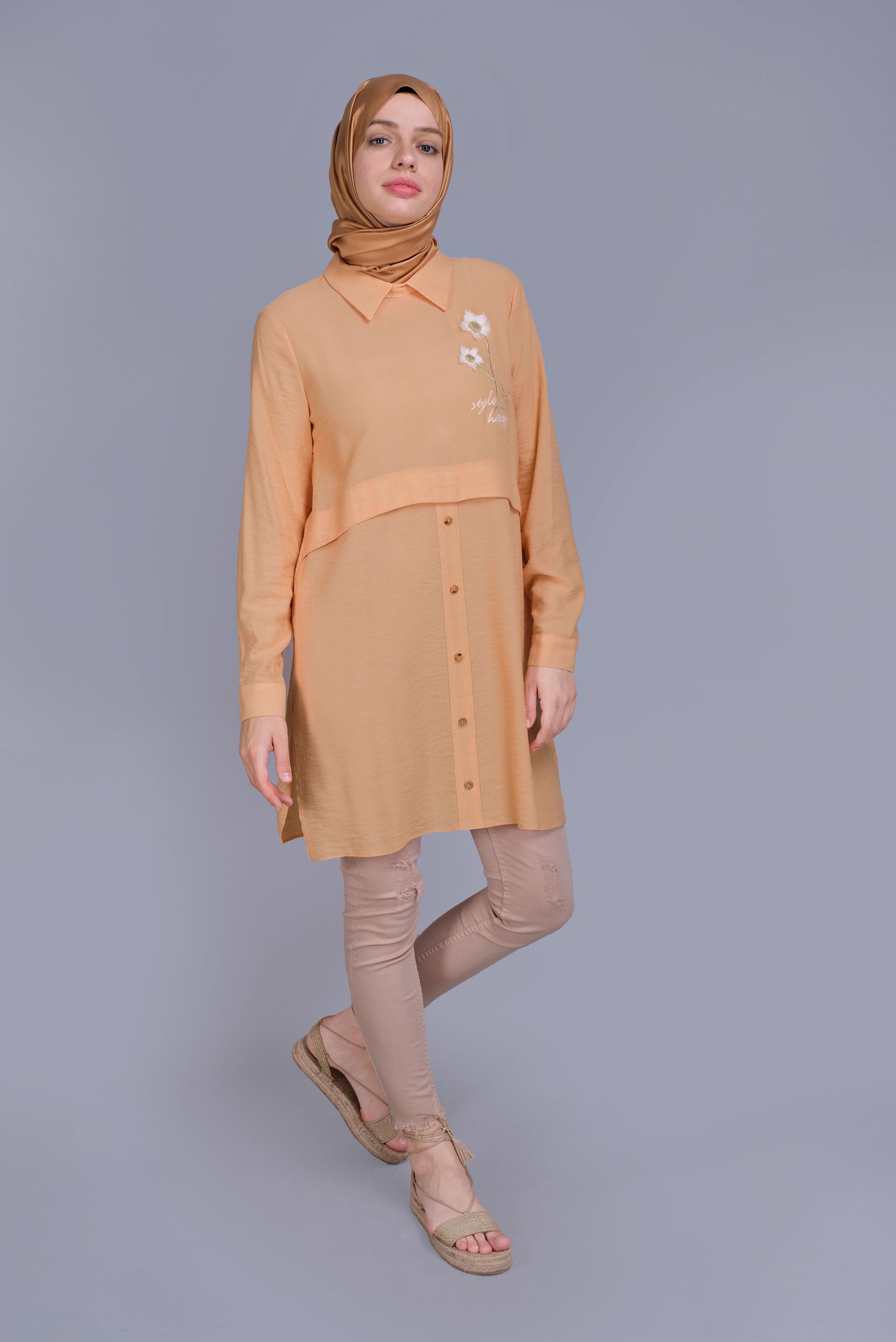 Tesettür giyim TURUNCU PAPATYA NAKIŞLI TUNİK 41599 