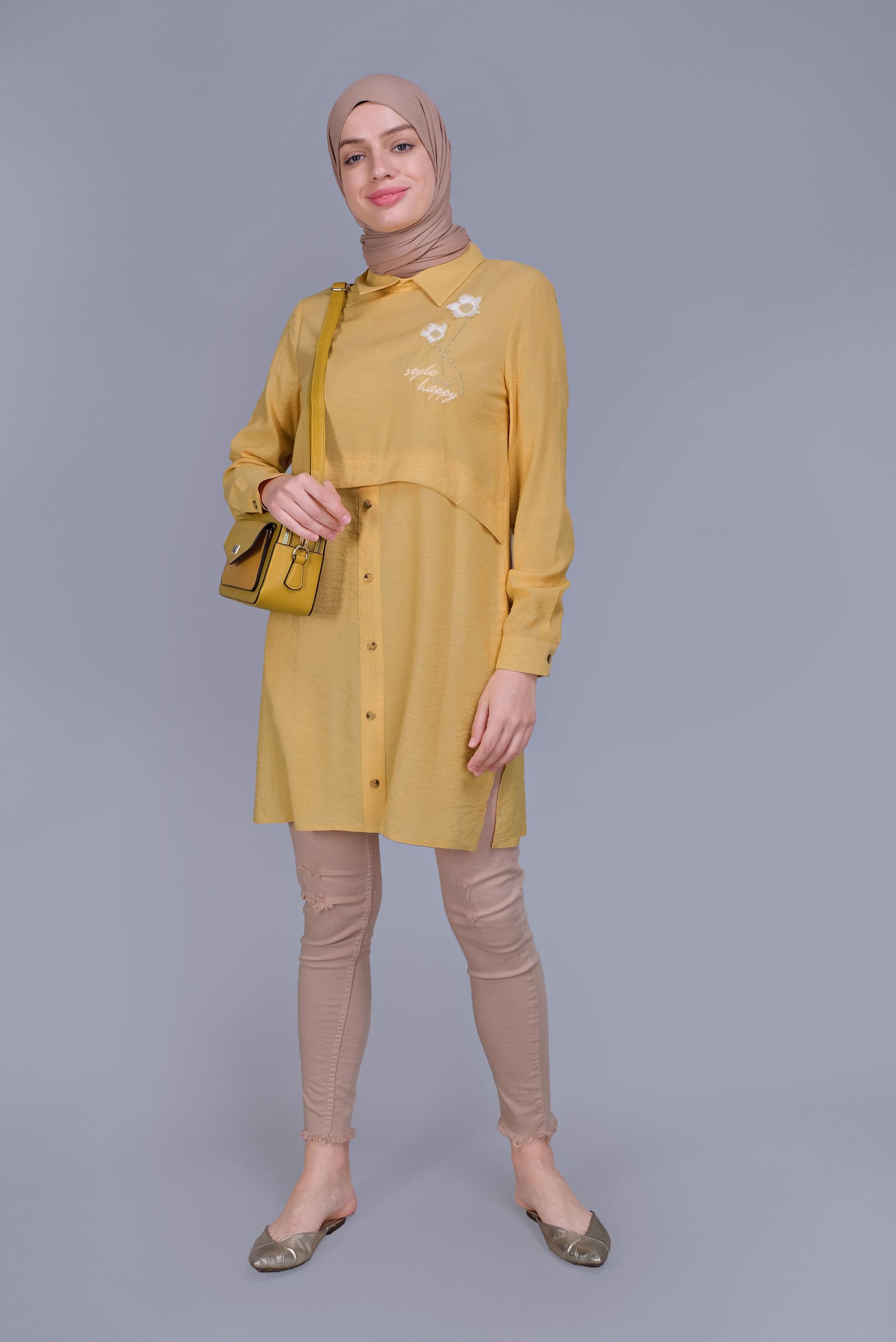 Tesettür giyim SARI PAPATYA NAKIŞLI TUNİK 41599 