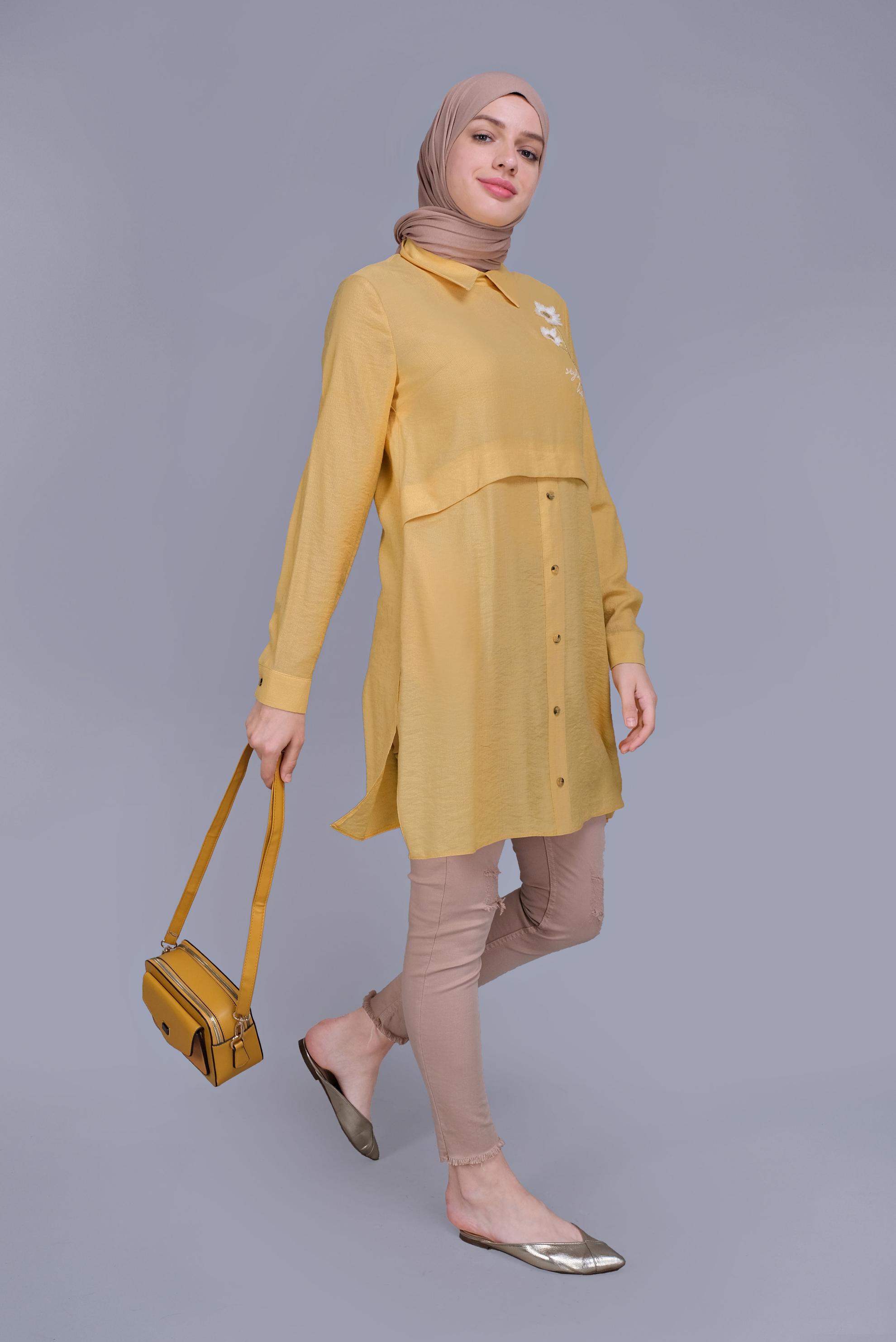 Tesettür giyim SARI PAPATYA NAKIŞLI TUNİK 41599 