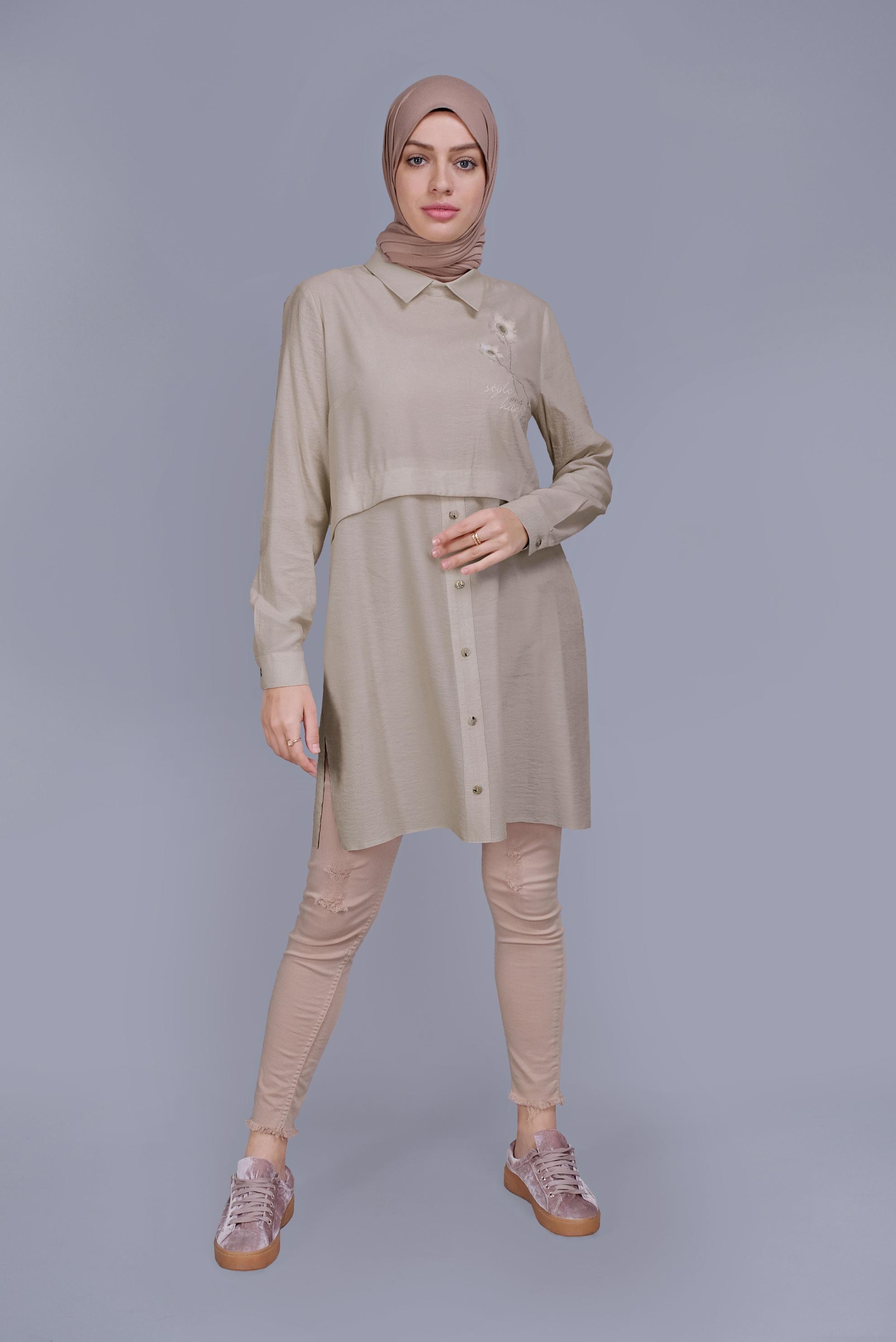 Tesettür giyim BEJ PAPATYA NAKIŞLI TUNİK 41599 