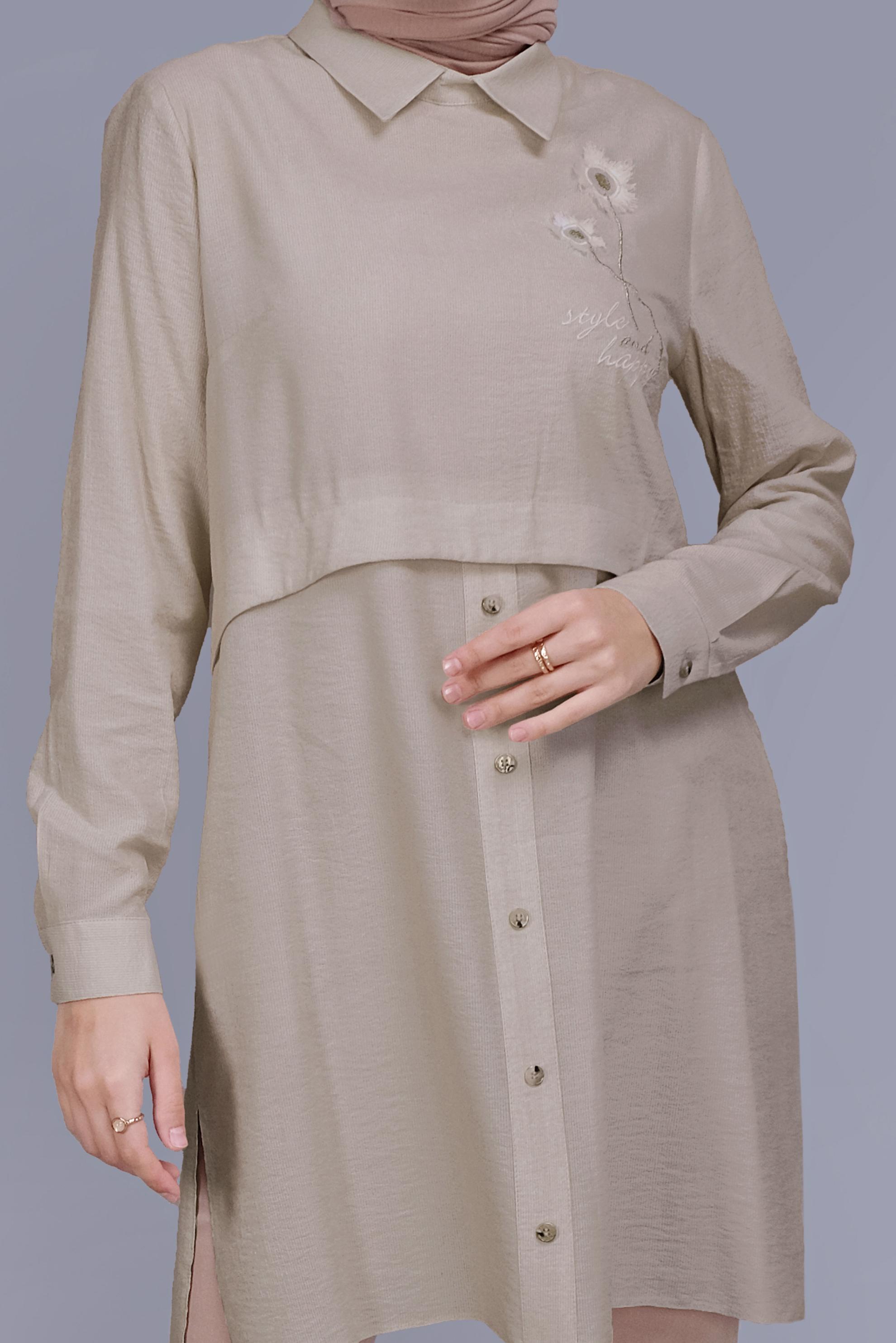 Tesettür giyim BEJ PAPATYA NAKIŞLI TUNİK 41599 