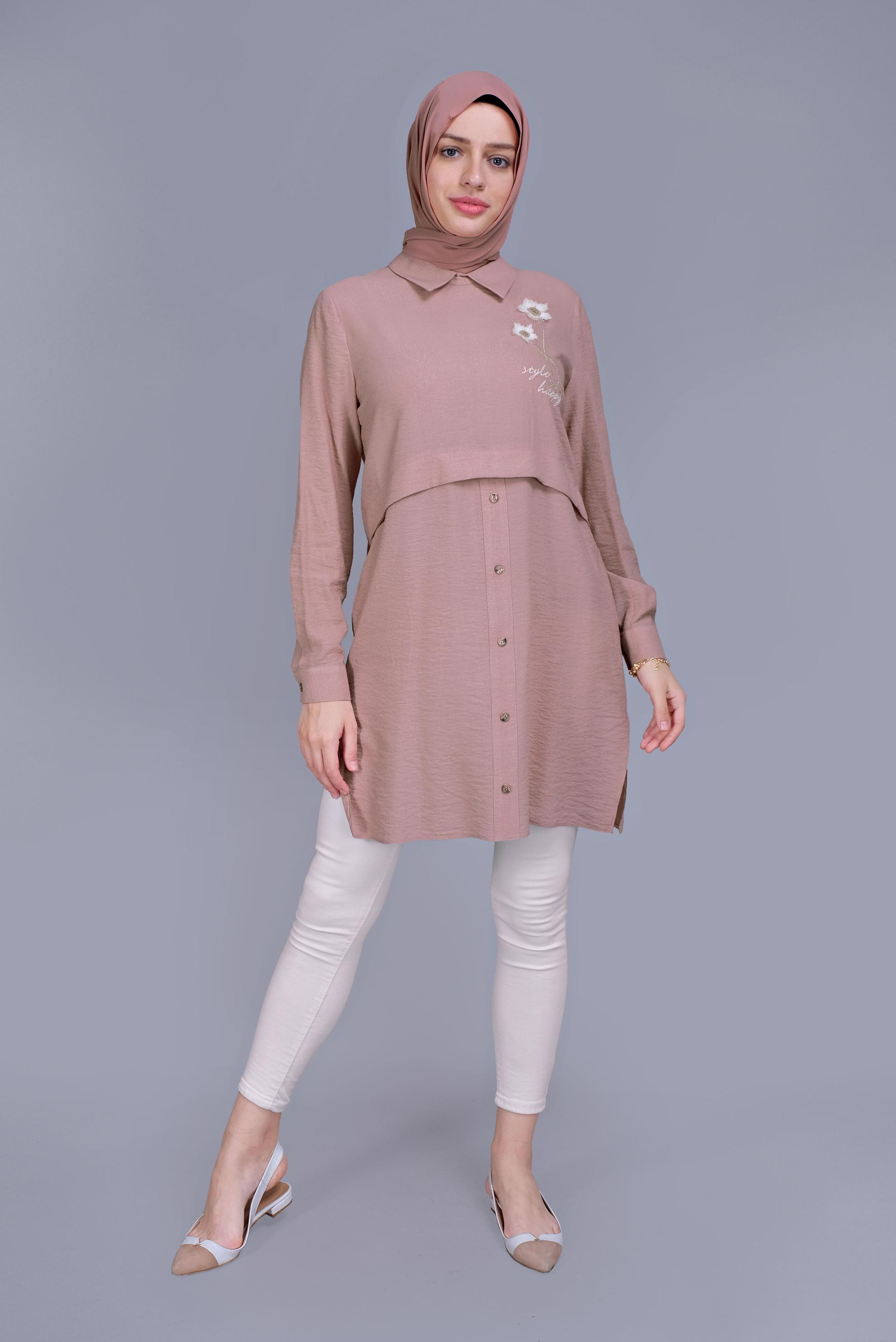 Tesettür giyim PUDRA PAPATYA NAKIŞLI TUNİK 41599 