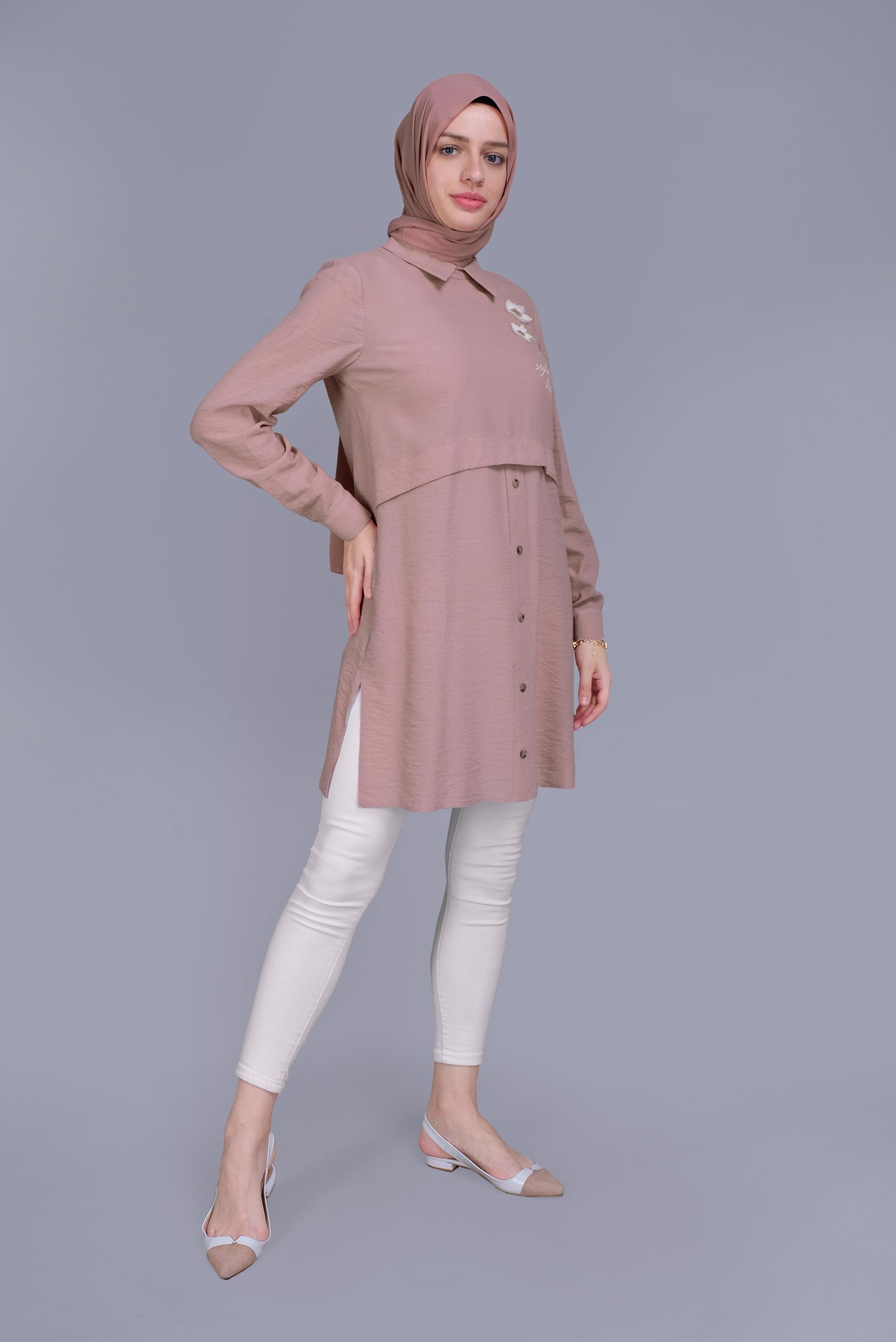 Tesettür giyim PUDRA PAPATYA NAKIŞLI TUNİK 41599 