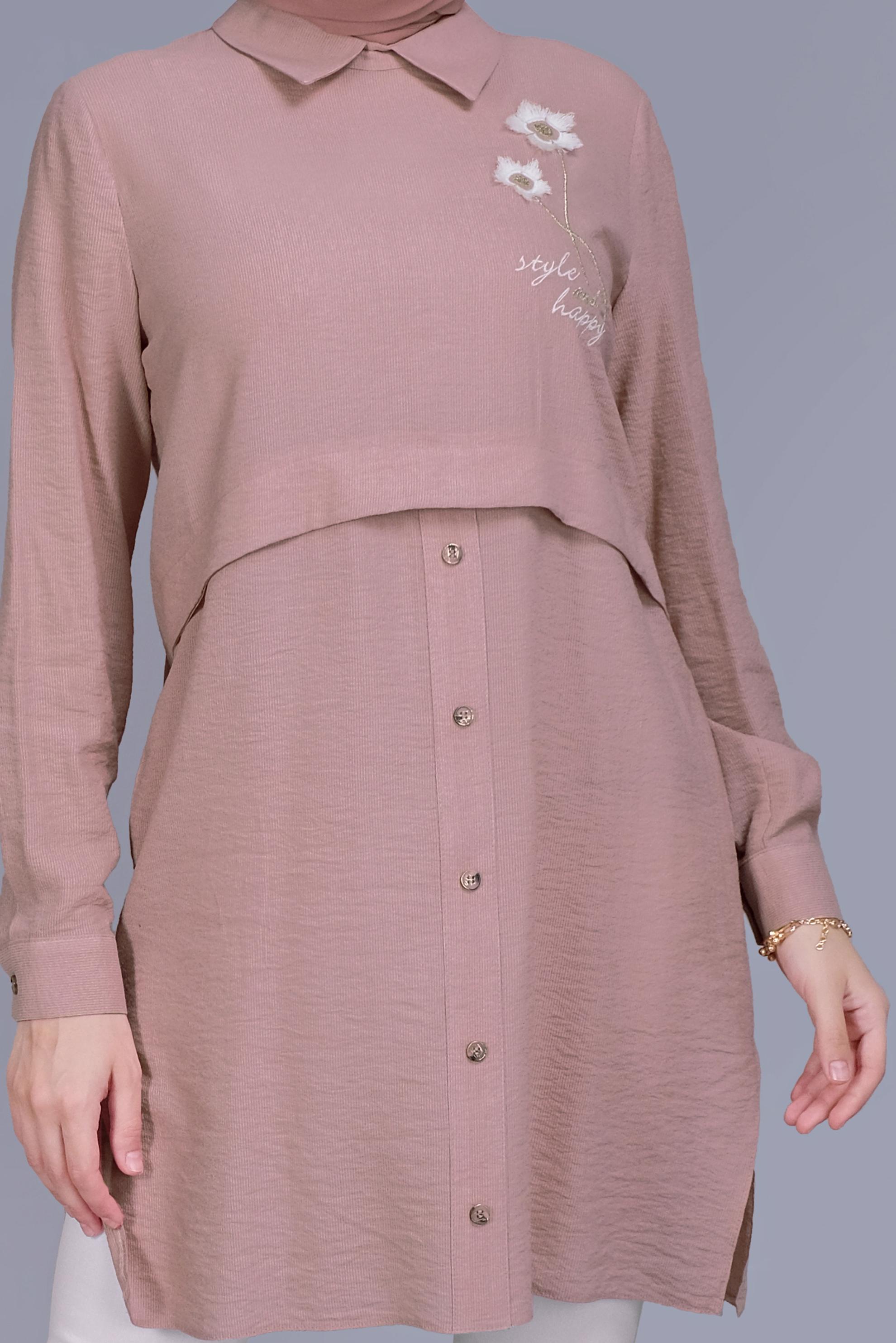 Tesettür giyim PUDRA PAPATYA NAKIŞLI TUNİK 41599 