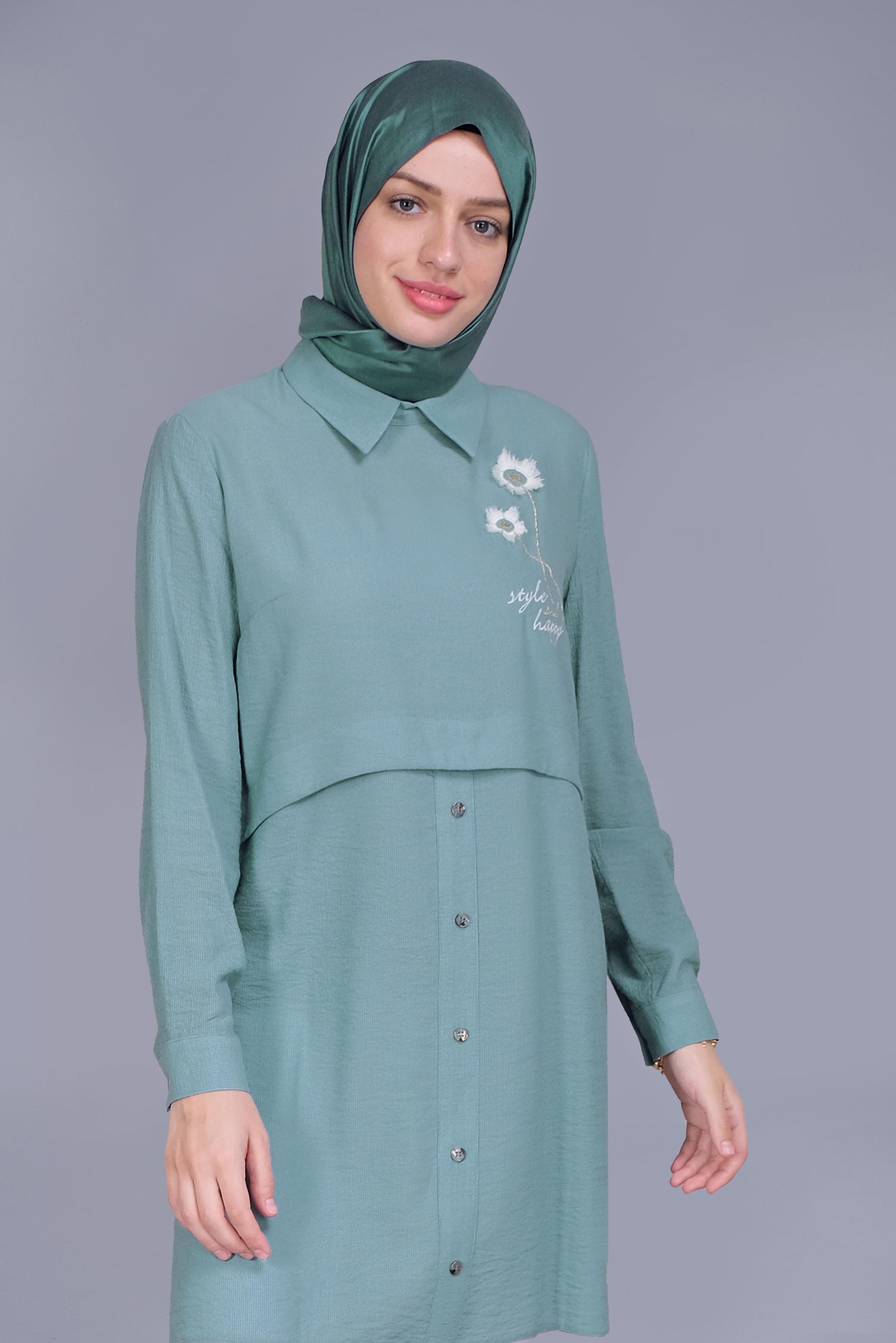 Tesettür giyim MAVİ PAPATYA NAKIŞLI TUNİK 41599 