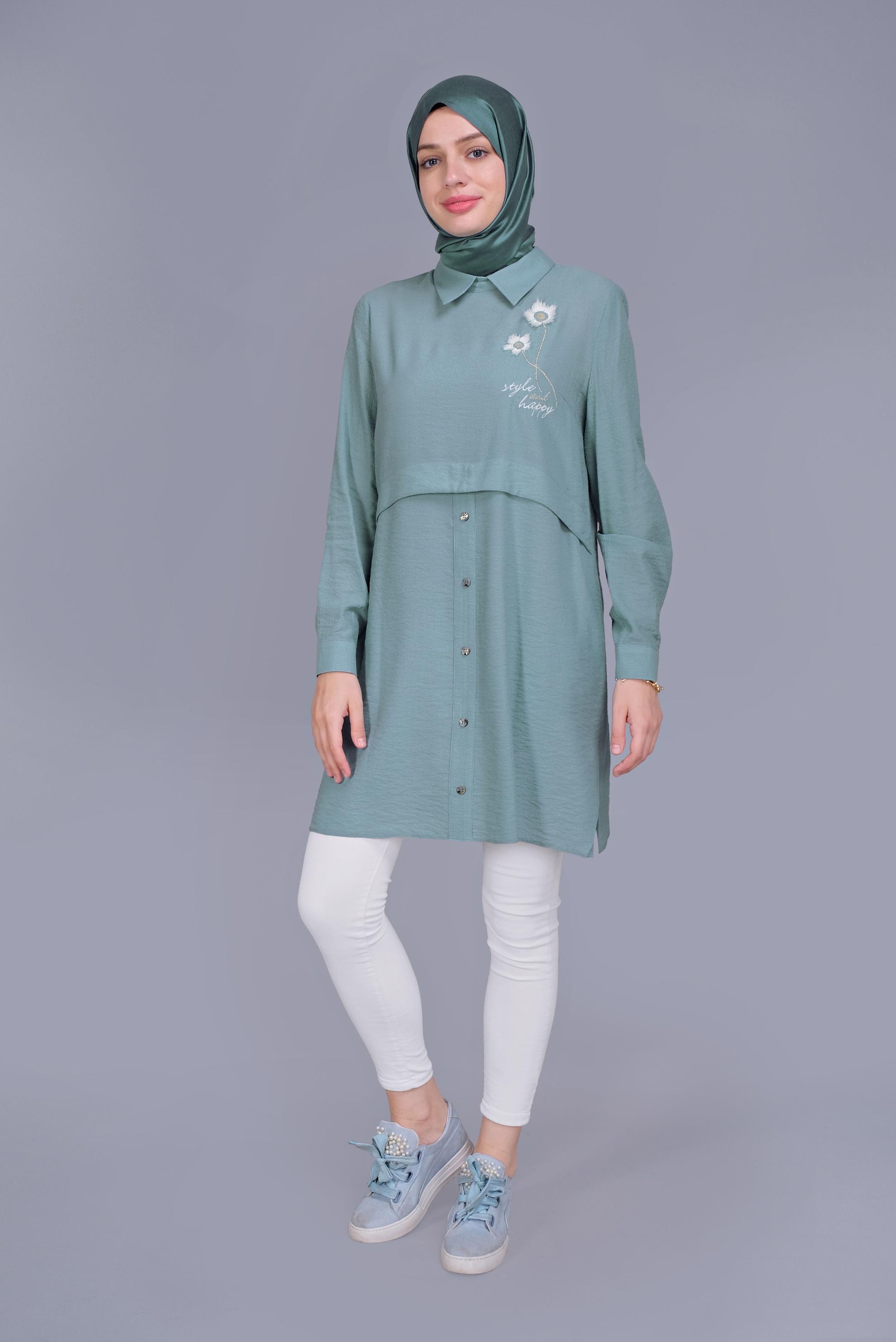 Tesettür giyim MAVİ PAPATYA NAKIŞLI TUNİK 41599 