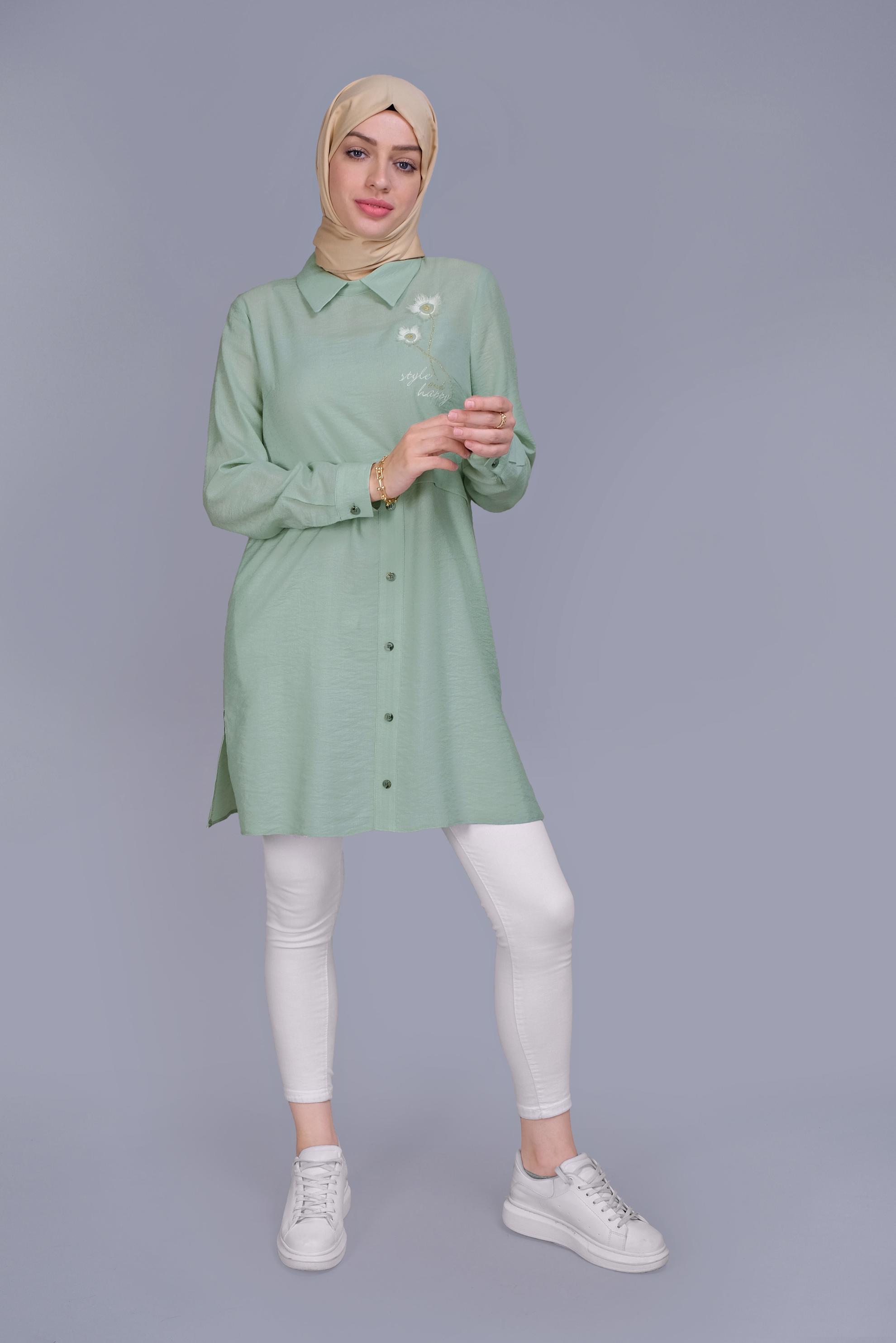 Tesettür giyim YEŞİL PAPATYA NAKIŞLI TUNİK 41599 