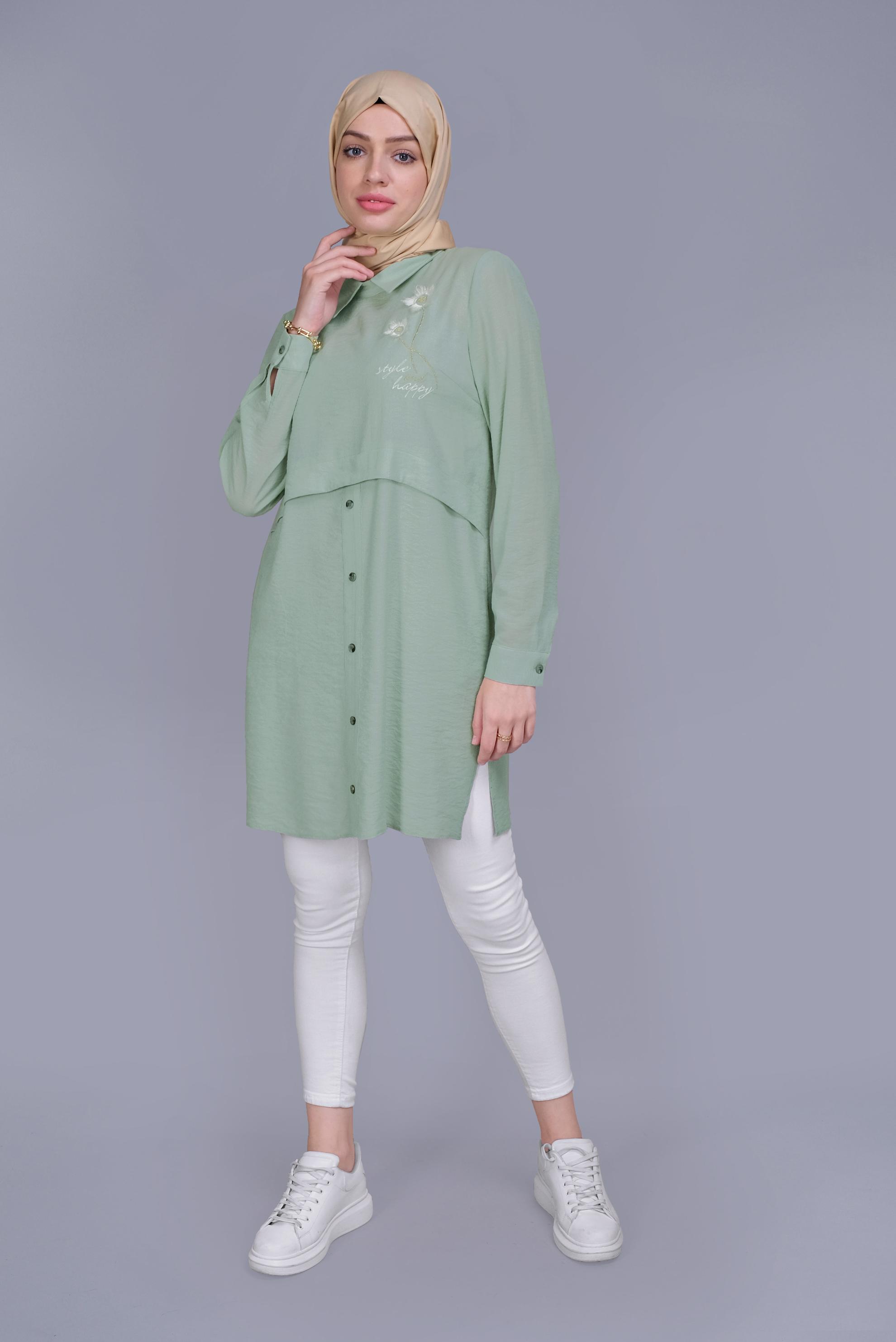 Tesettür giyim YEŞİL PAPATYA NAKIŞLI TUNİK 41599 