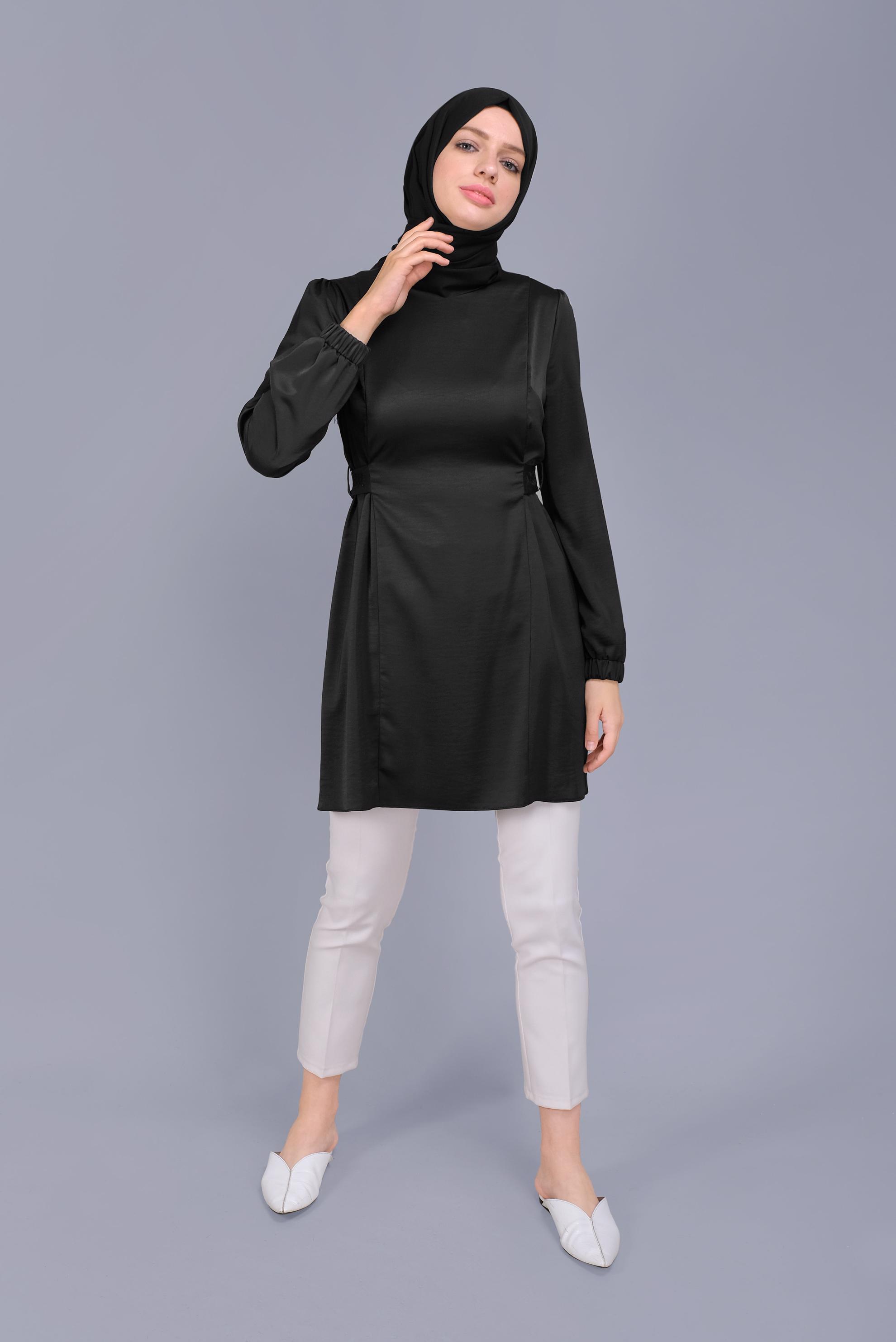 Tesettür giyim SİYAH SIRTI NAKIŞLI  KUŞAKLI TUNİK 41601 