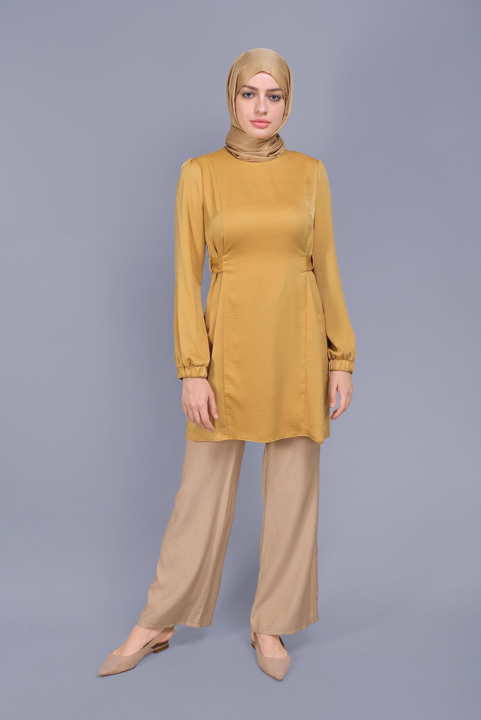 Tesettür giyim SARI SIRTI NAKIŞLI  KUŞAKLI TUNİK 41601 