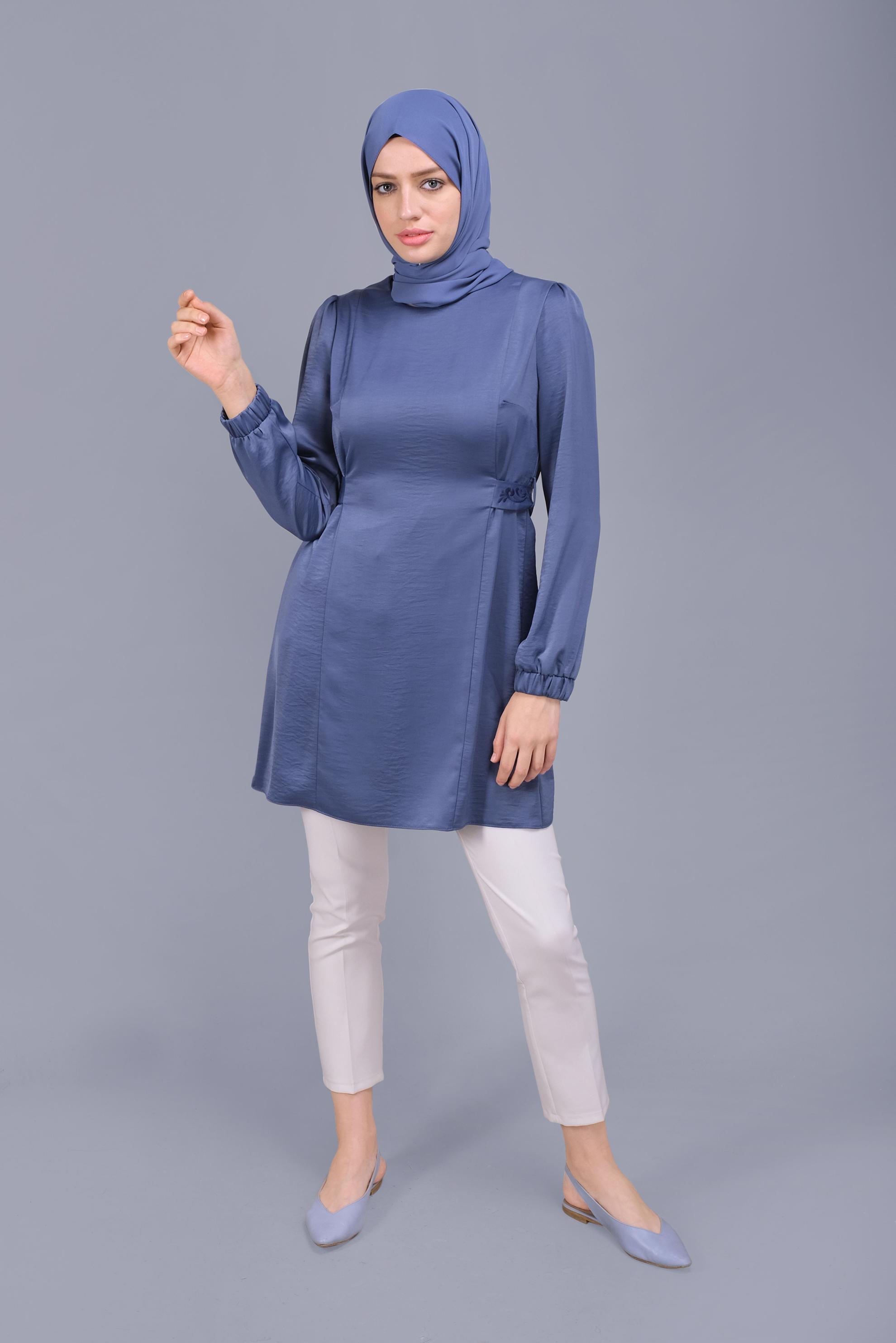 Tesettür giyim LACİVERT SIRTI NAKIŞLI  KUŞAKLI TUNİK 41601 