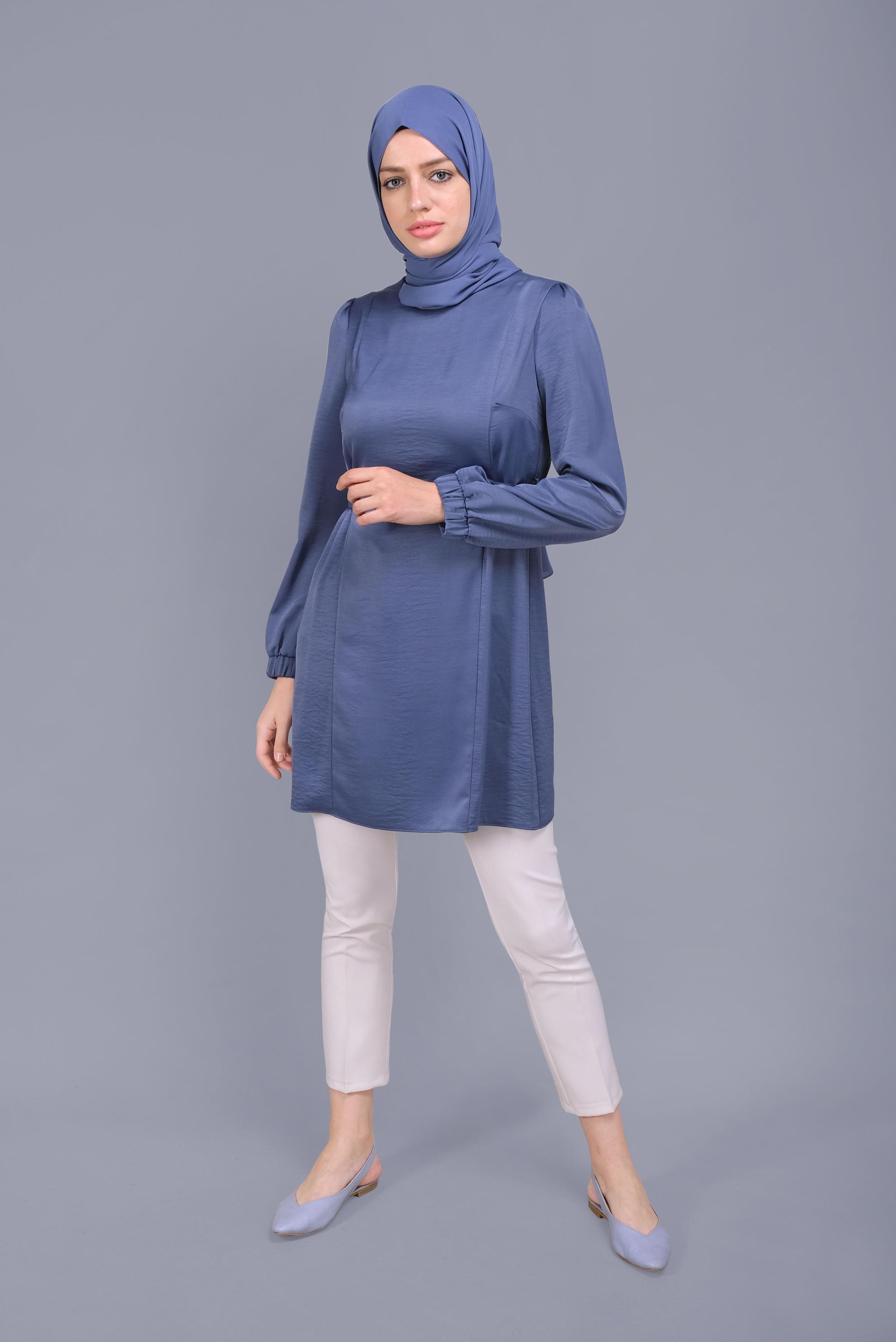 Tesettür giyim LACİVERT SIRTI NAKIŞLI  KUŞAKLI TUNİK 41601 