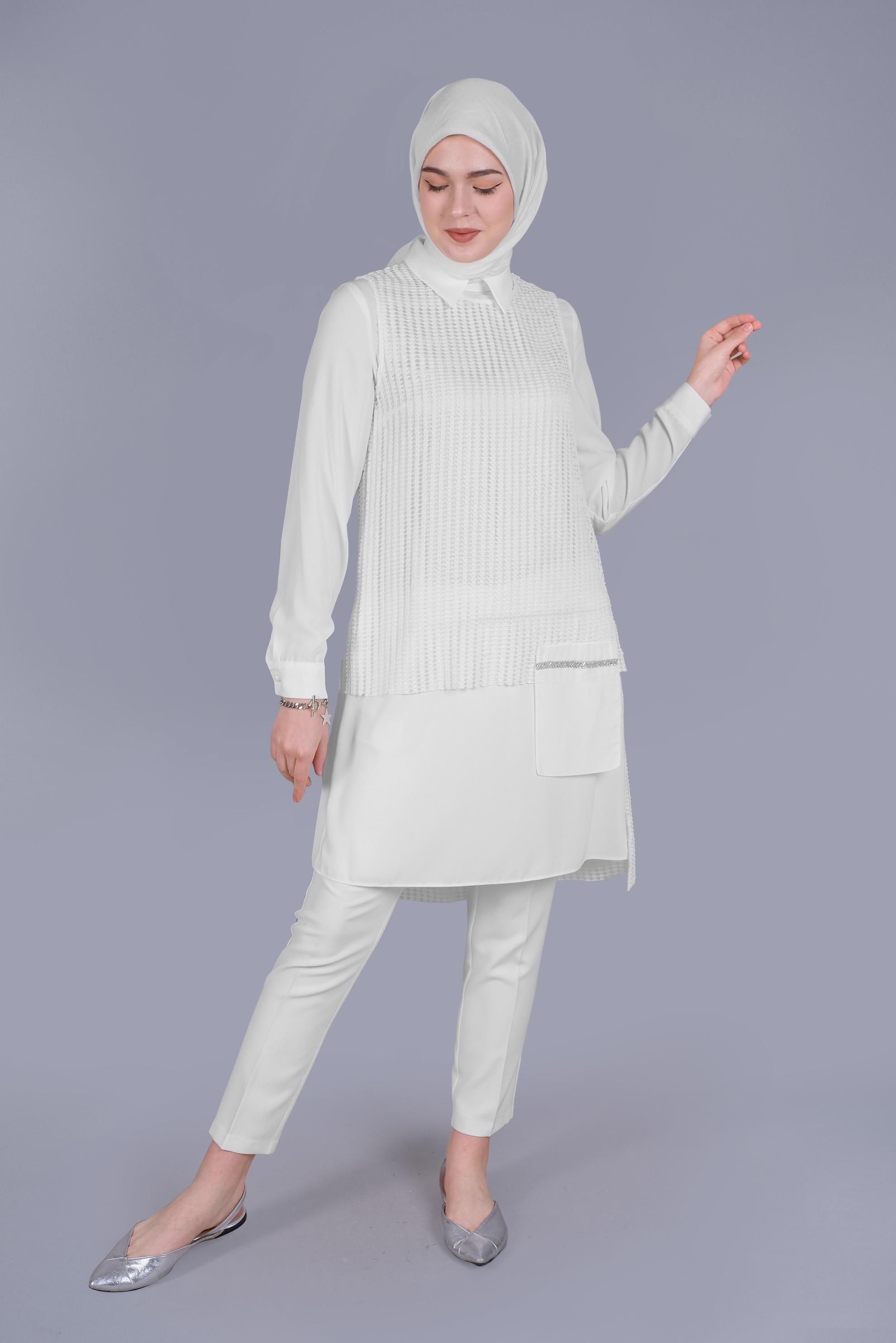 Tesettür giyim BEYAZ CEP DETAYLI İKİLİ TUNİK 41602 