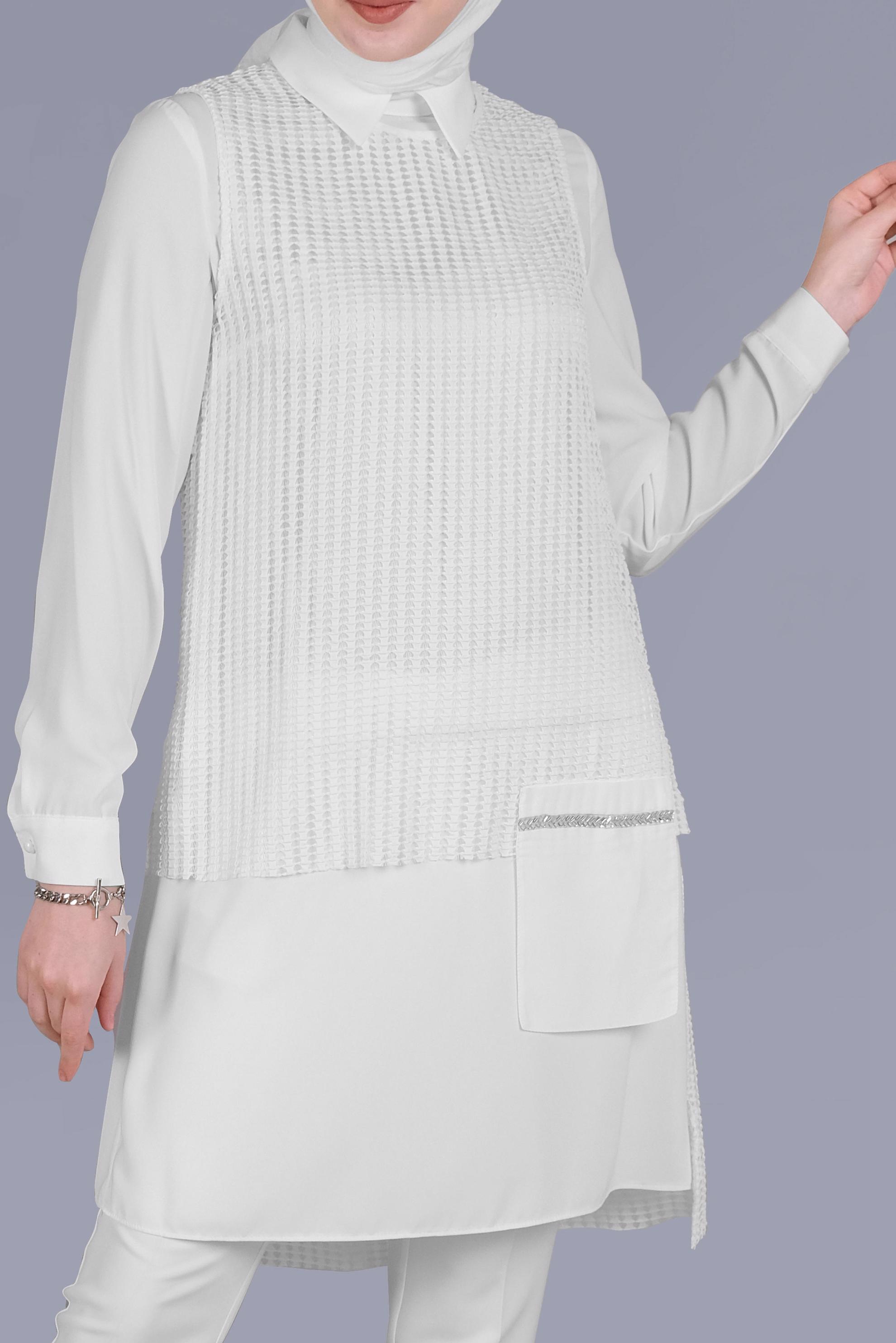 Tesettür giyim BEYAZ CEP DETAYLI İKİLİ TUNİK 41602 