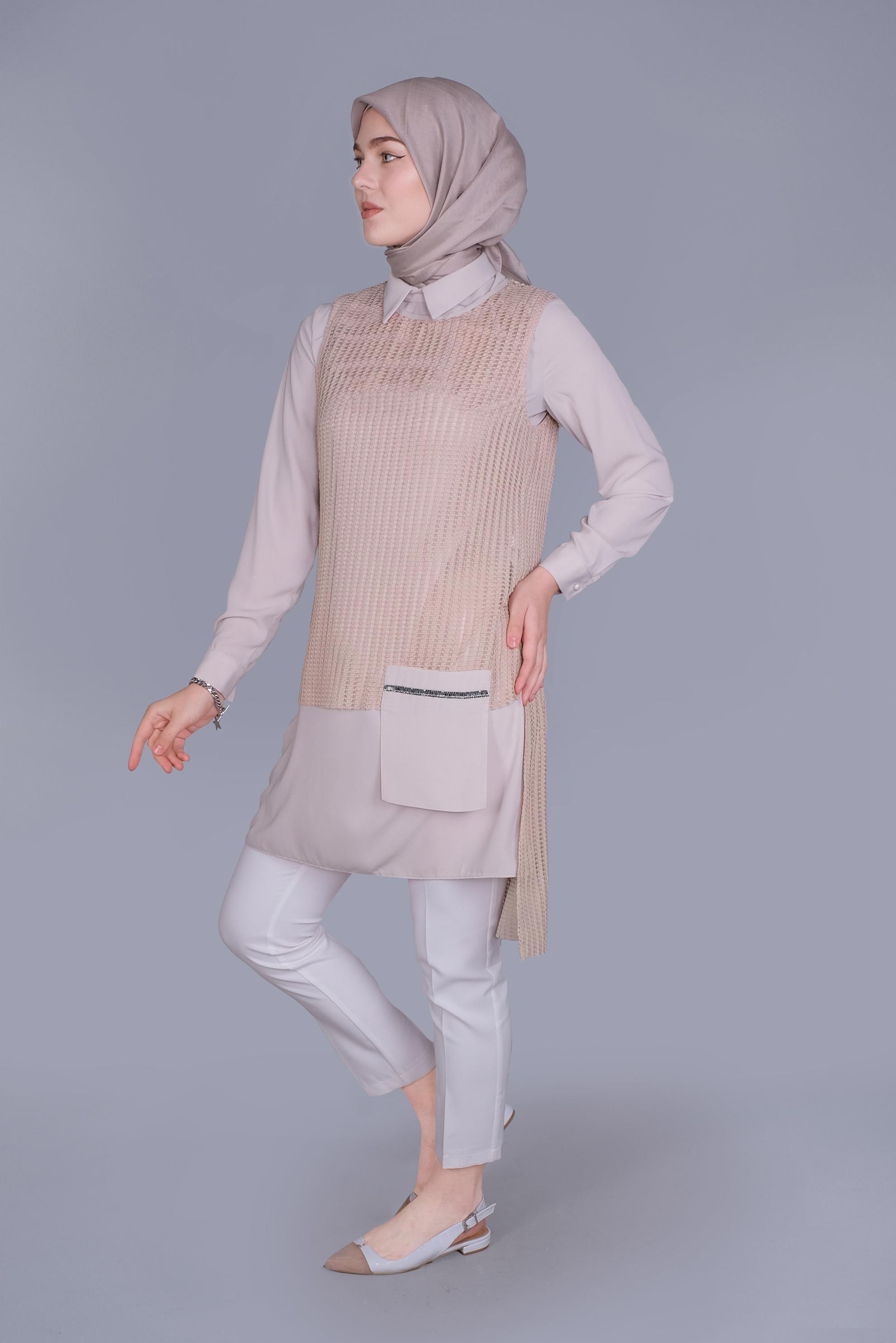 Tesettür giyim BEJ CEP DETAYLI İKİLİ TUNİK 41602 