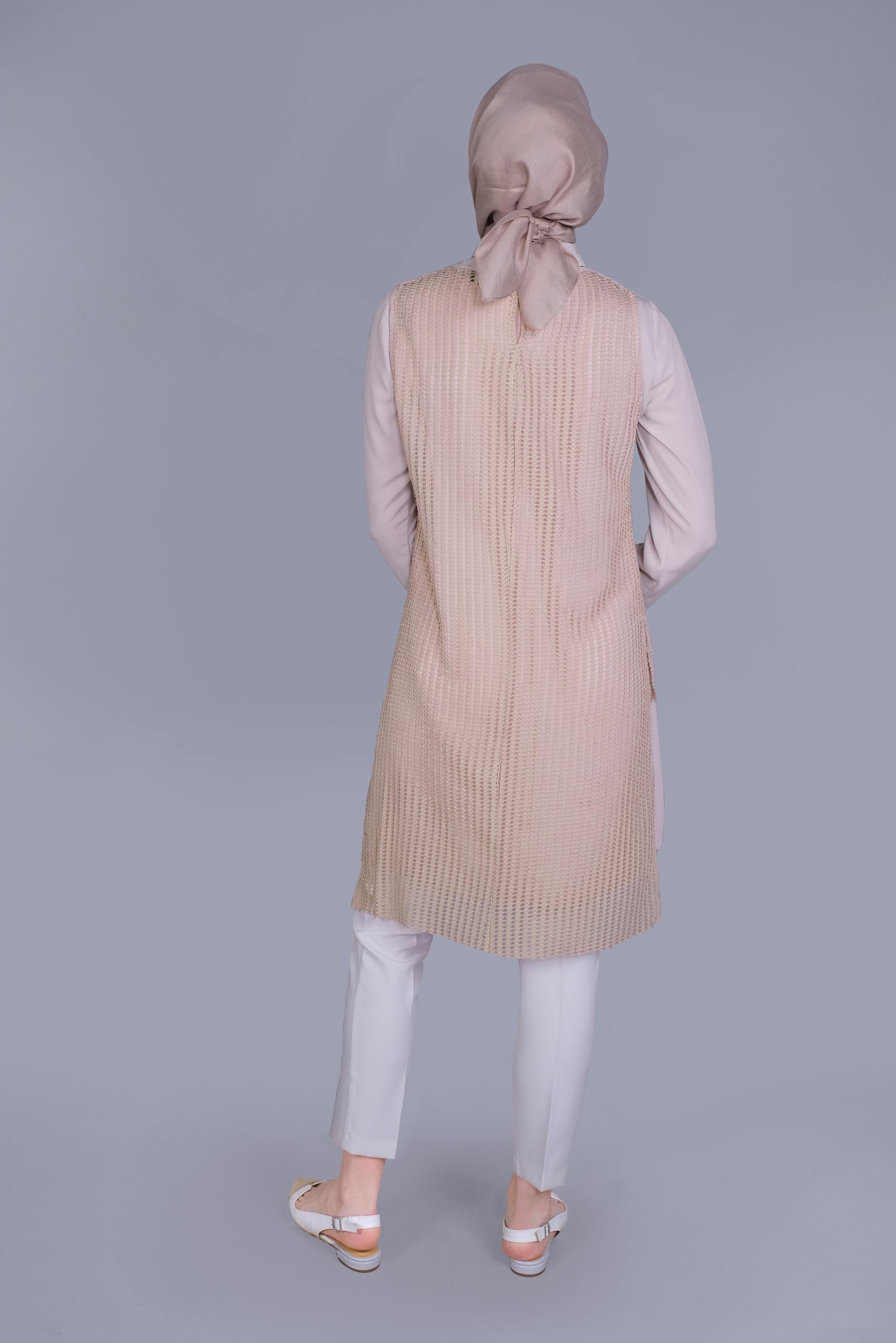 Tesettür giyim BEJ CEP DETAYLI İKİLİ TUNİK 41602 